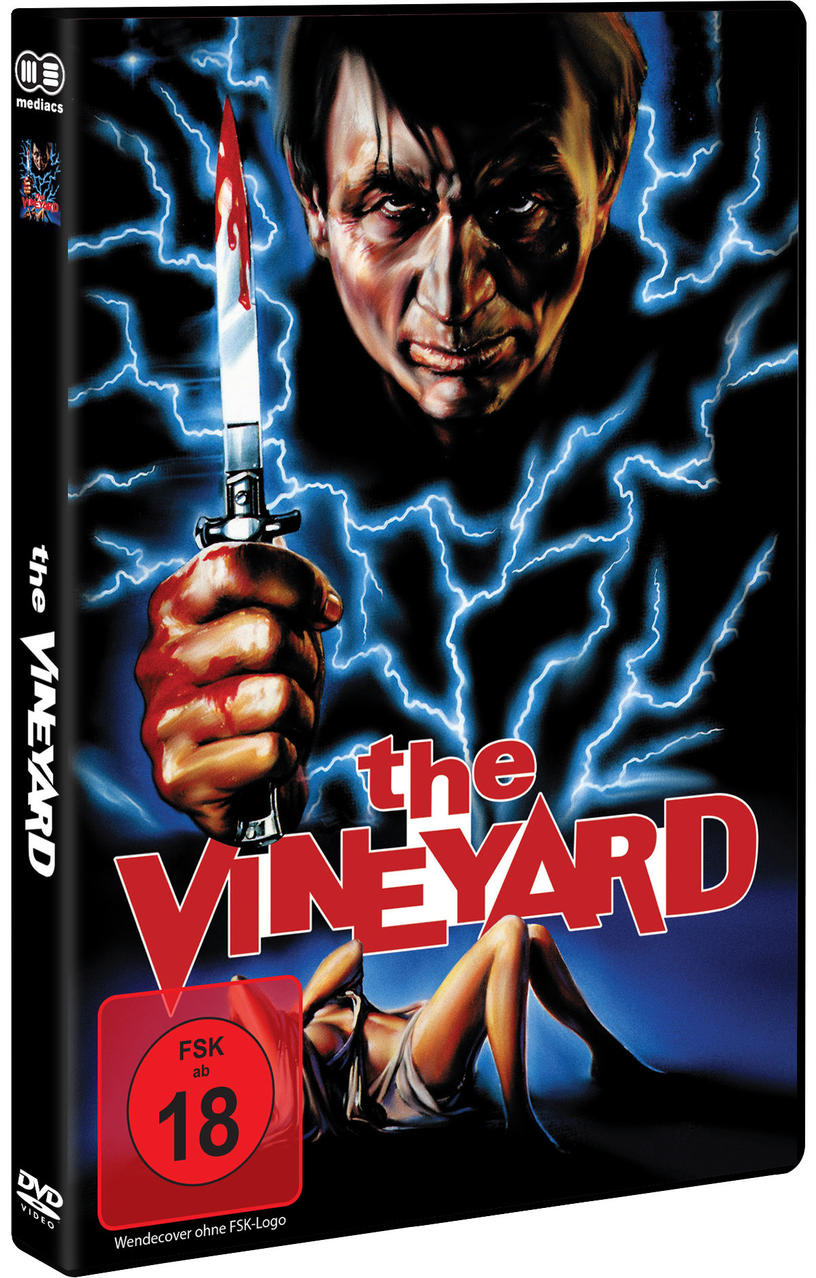 DVD-Cover: Mann mit blutigem Messer, rote Hand, Frau am Boden, Blitz-Hintergrund, fetter Titel.