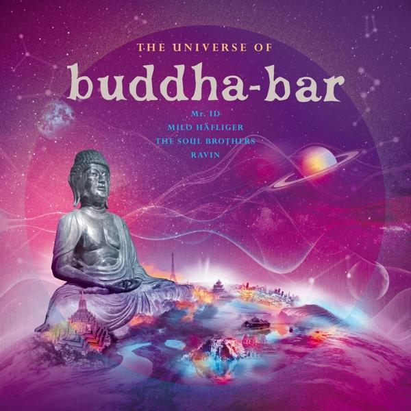 Album borító ezüst Buddha szoborral, színes galaxis háttérrel bolygókkal.