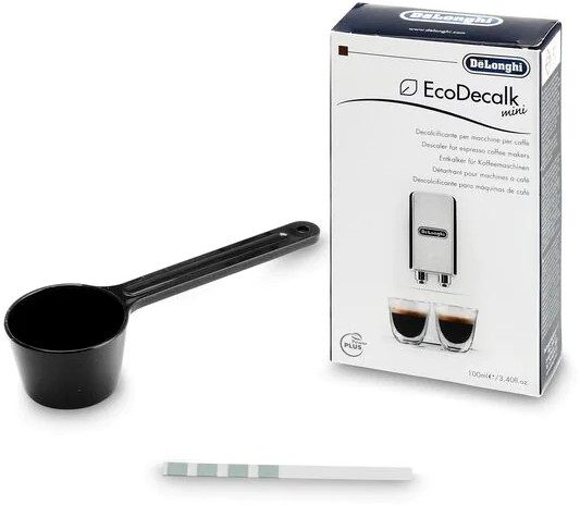 DeLonghi EcoDecalk mini product box with a measuring scoop, and a test strip on a white background.