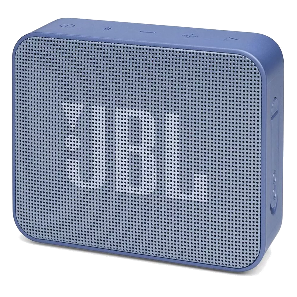 Mavi bir JBL Go 3 hoparlör. JBL logosu hoparlörün ağ yüzeyinde görülebilir.