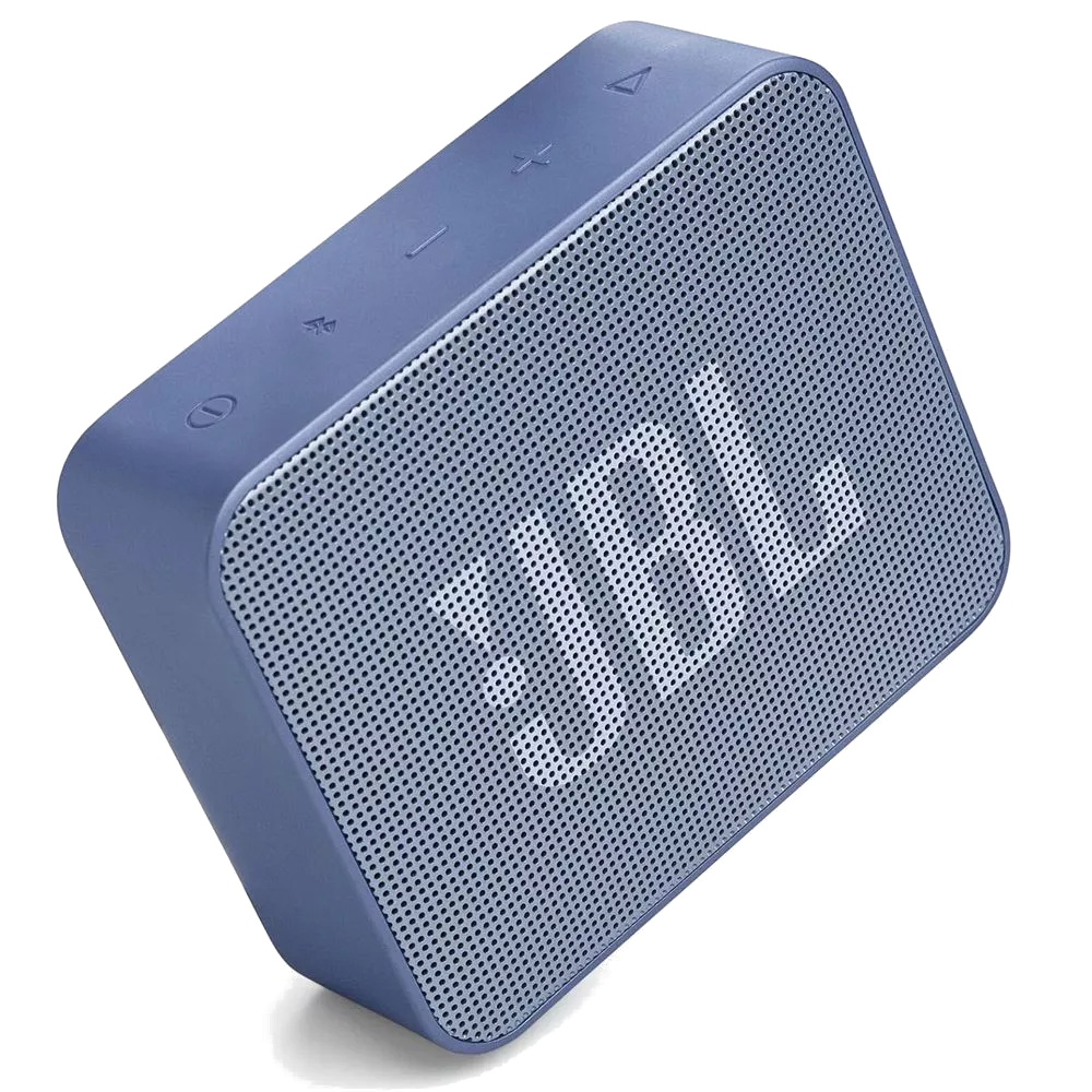 Düğmeleri ve JBL logosu olan mavi JBL hoparlör.