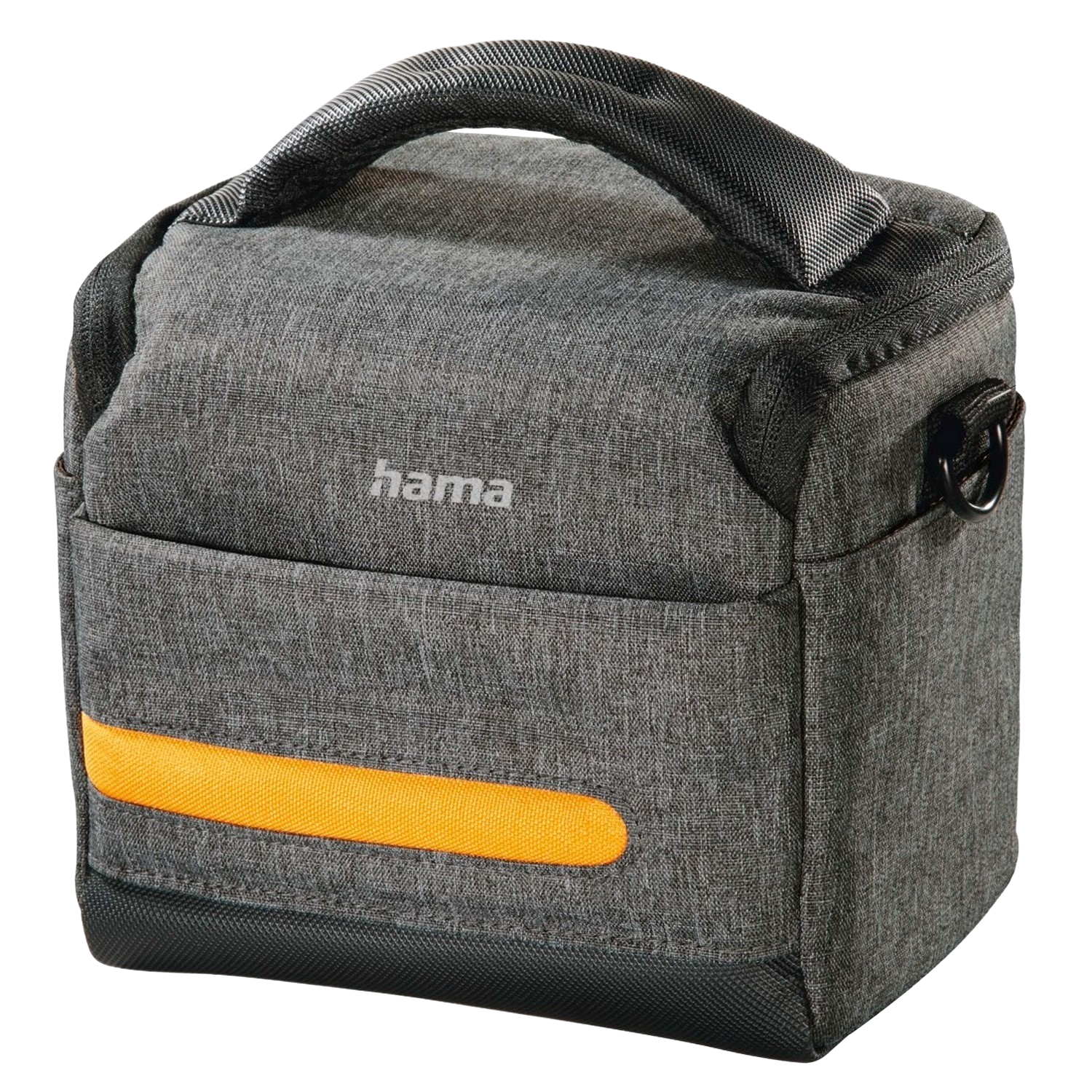 Sac photo gris avec poignée et bande jaune. Marque 'hama' sur le devant.