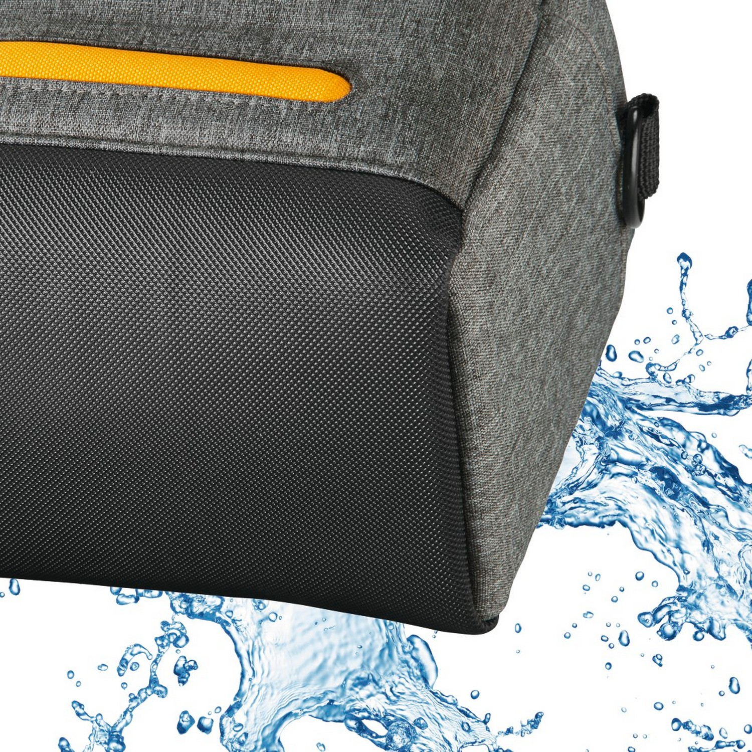 Sac gris avec rayure jaune, base noire et éclaboussures d'eau.