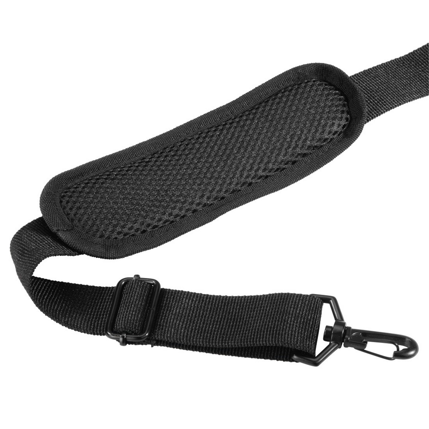 Bandoulière noire avec coussinet et clip noirs.