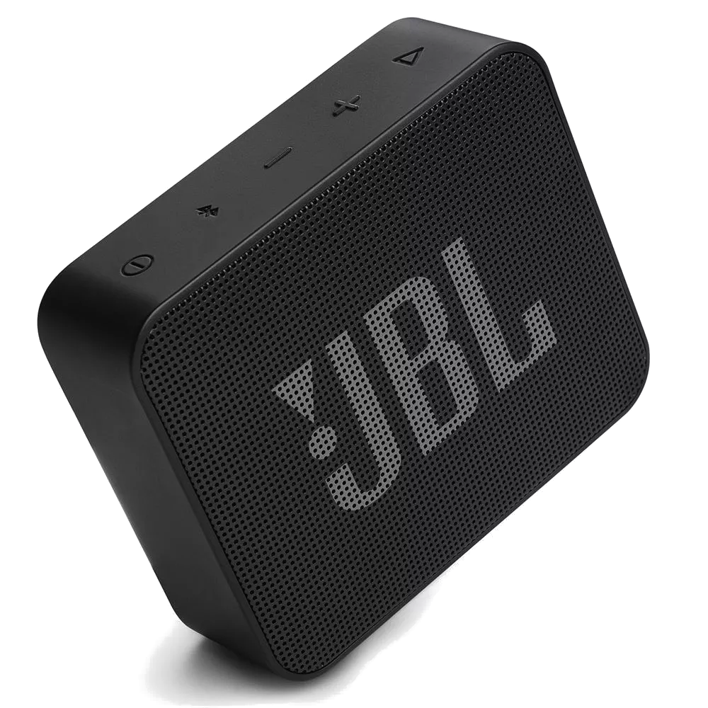 Siyah, kare JBL hoparlör. JBL logosu görünür ve kontrol düğmeleri üsttedir.