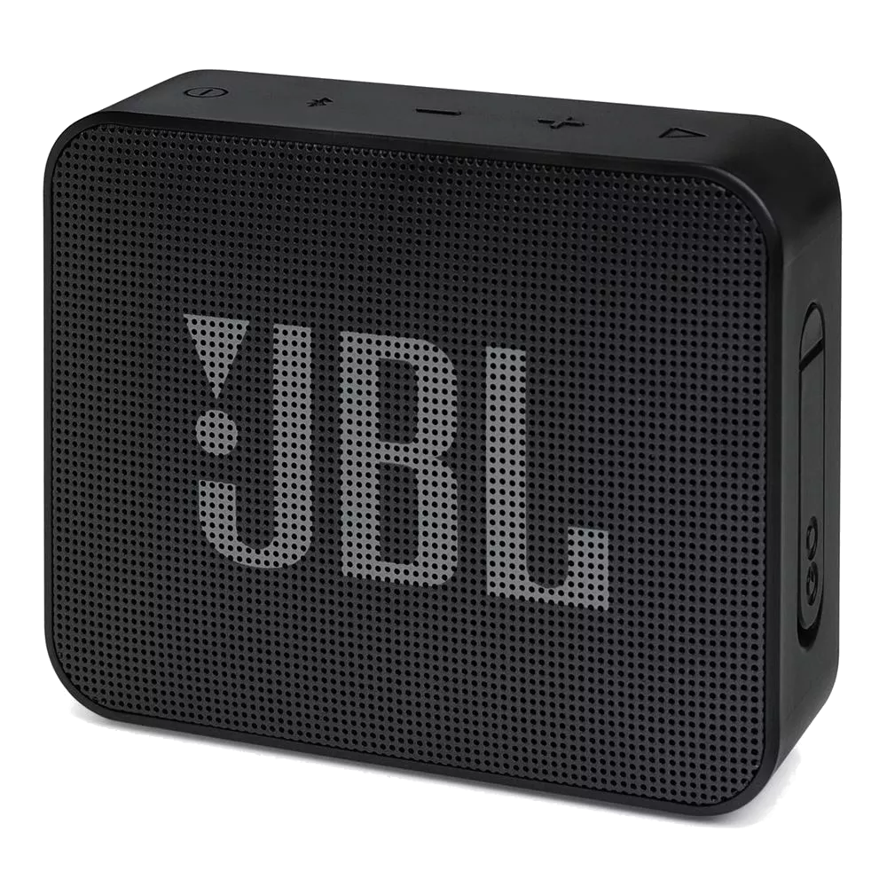 Örgü ön panelli siyah JBL hoparlör, üstte kontroller.