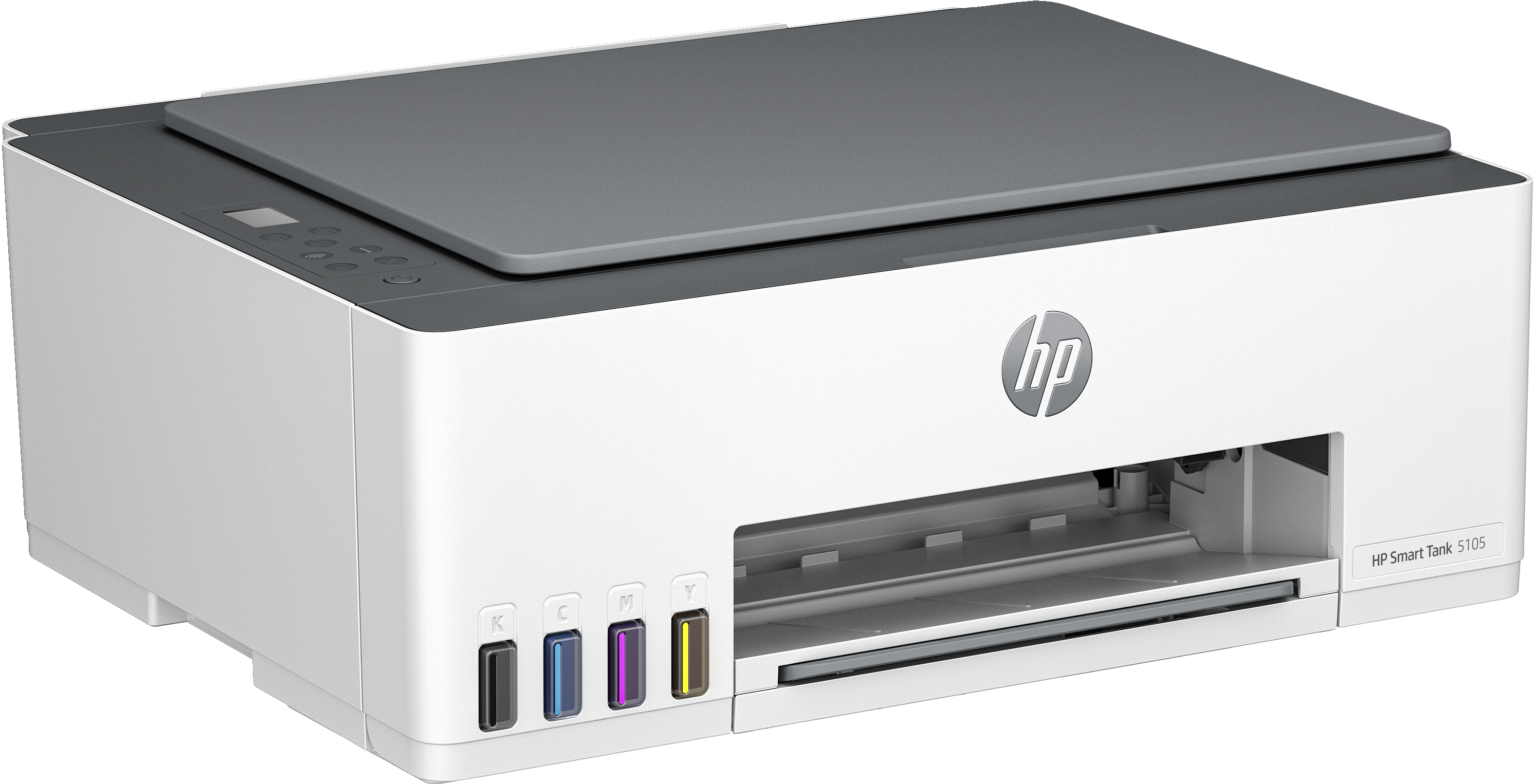 Weißer und grauer HP-Drucker mit sichtbaren Tintenpatronen, auf einer weißen Oberfläche positioniert.