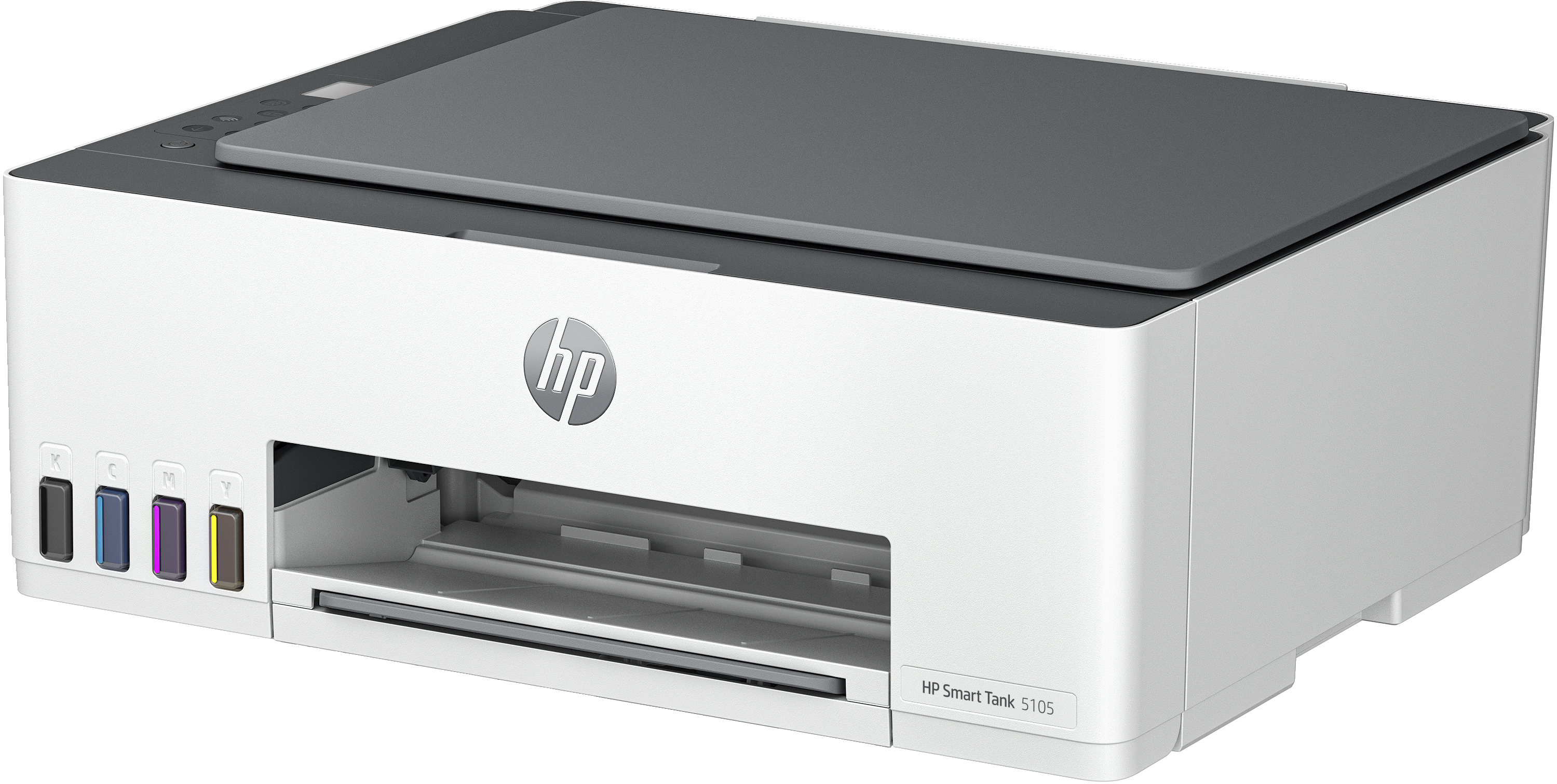 Weißer und grauer HP Smart Tank 5105 Drucker mit Tintenpatronen auf der linken Seite.