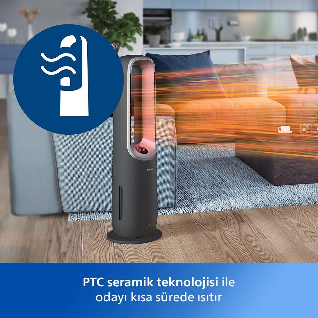 Mavi bir simge ve ısı çizgileri olan siyah Philips kule ısıtıcısı.
