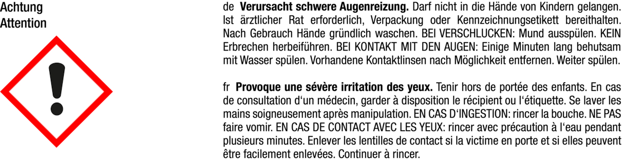 Warnschild mit Ausrufezeichen in einem roten Diamanten. Text auf Deutsch und Französisch, Warnung vor Augenreizung.