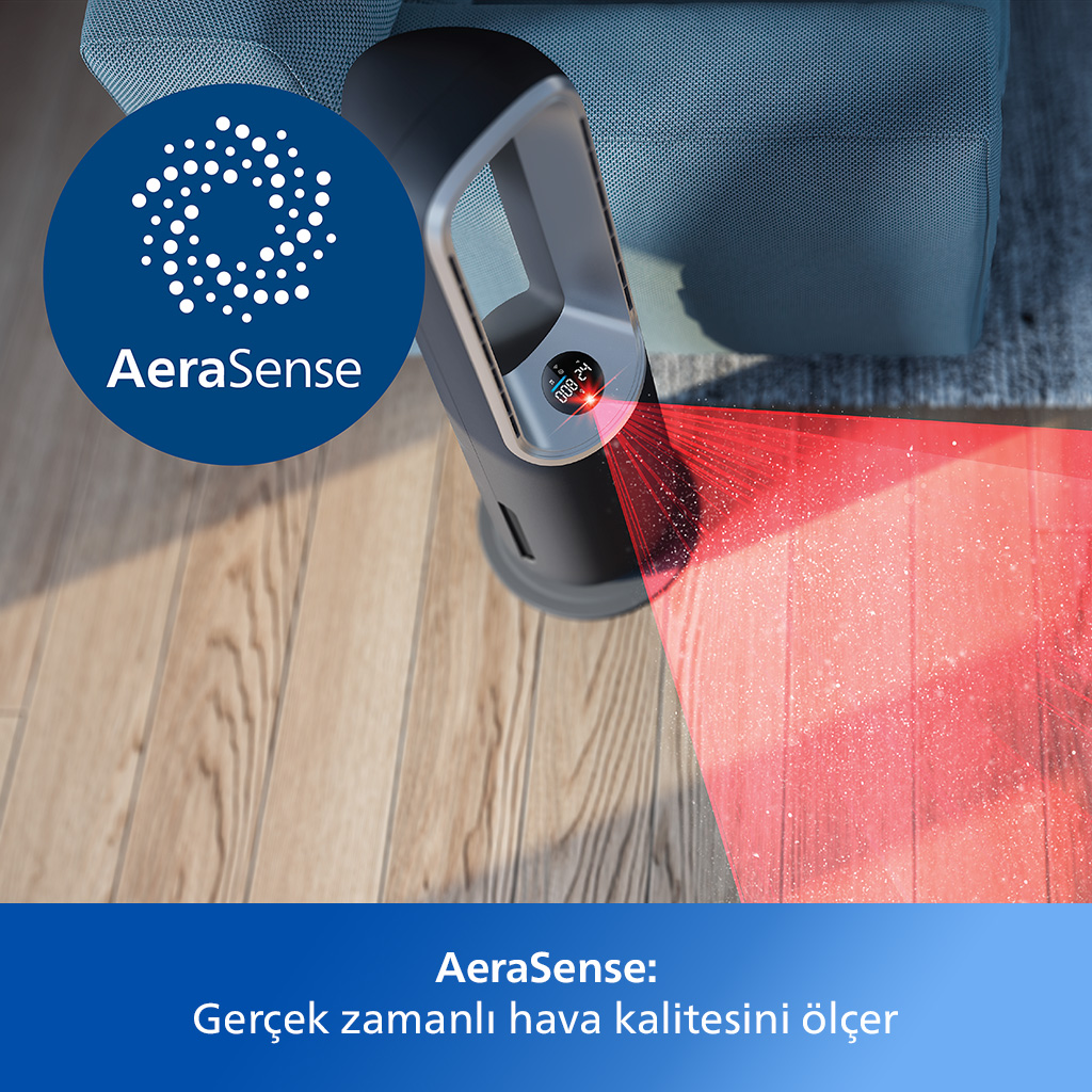 AeraSense hava temizleyici, kırmızı ışık, logo ve ahşap zeminde Türkçe metin ile.