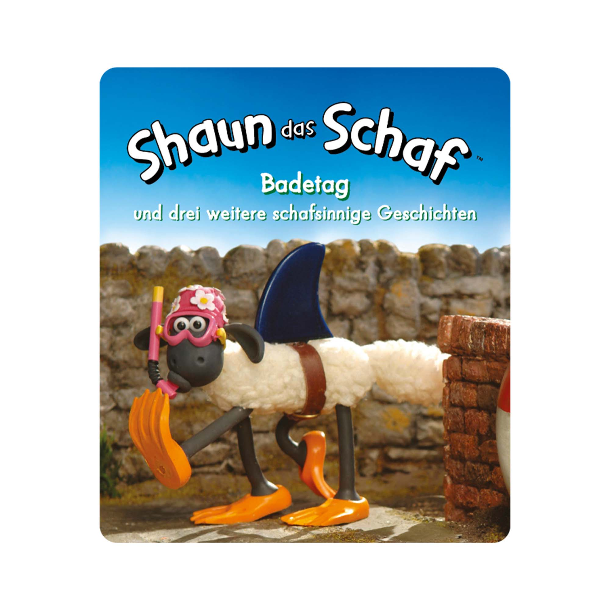 Shaun das Schaf im Badeanzug mit Haifischflosse. Text auf dem Cover in Deutsch.