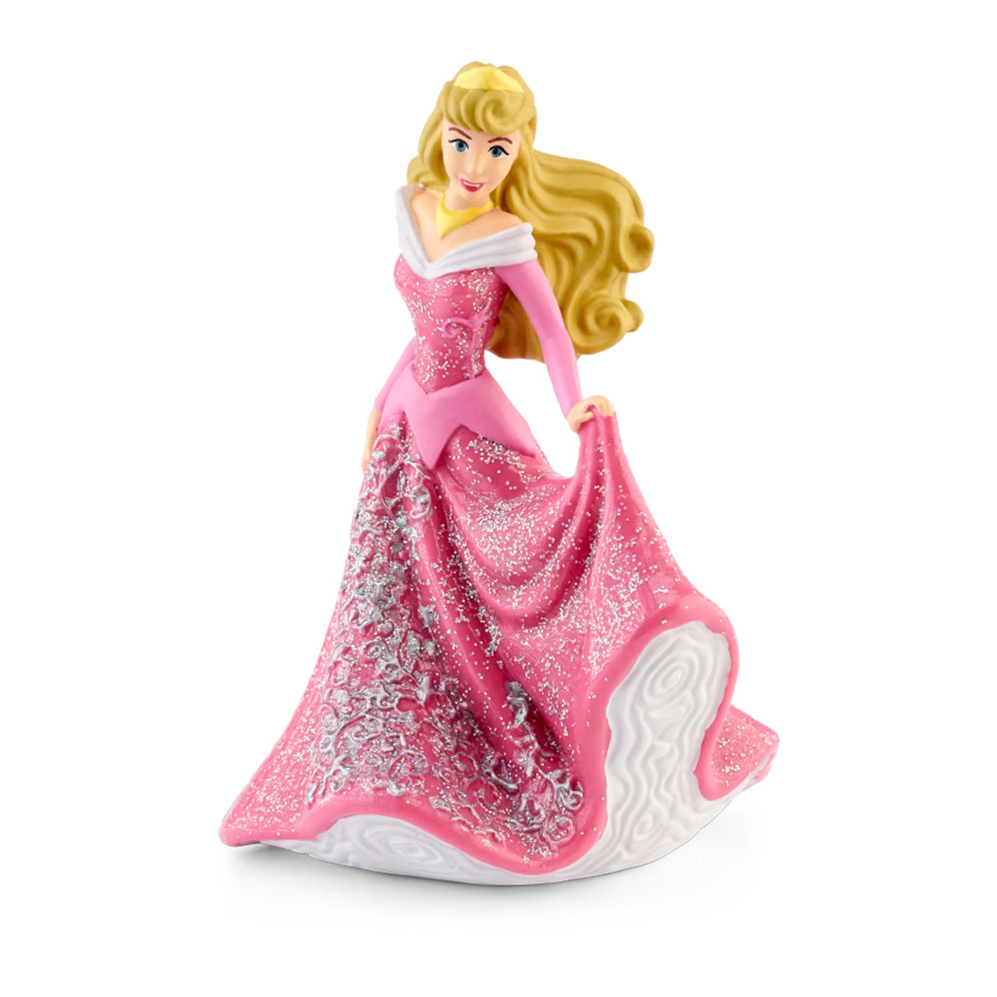 Eine Disney Aurora-Figur in einem rosa Kleid. Sie hält ihren Rock und hat blondes Haar.