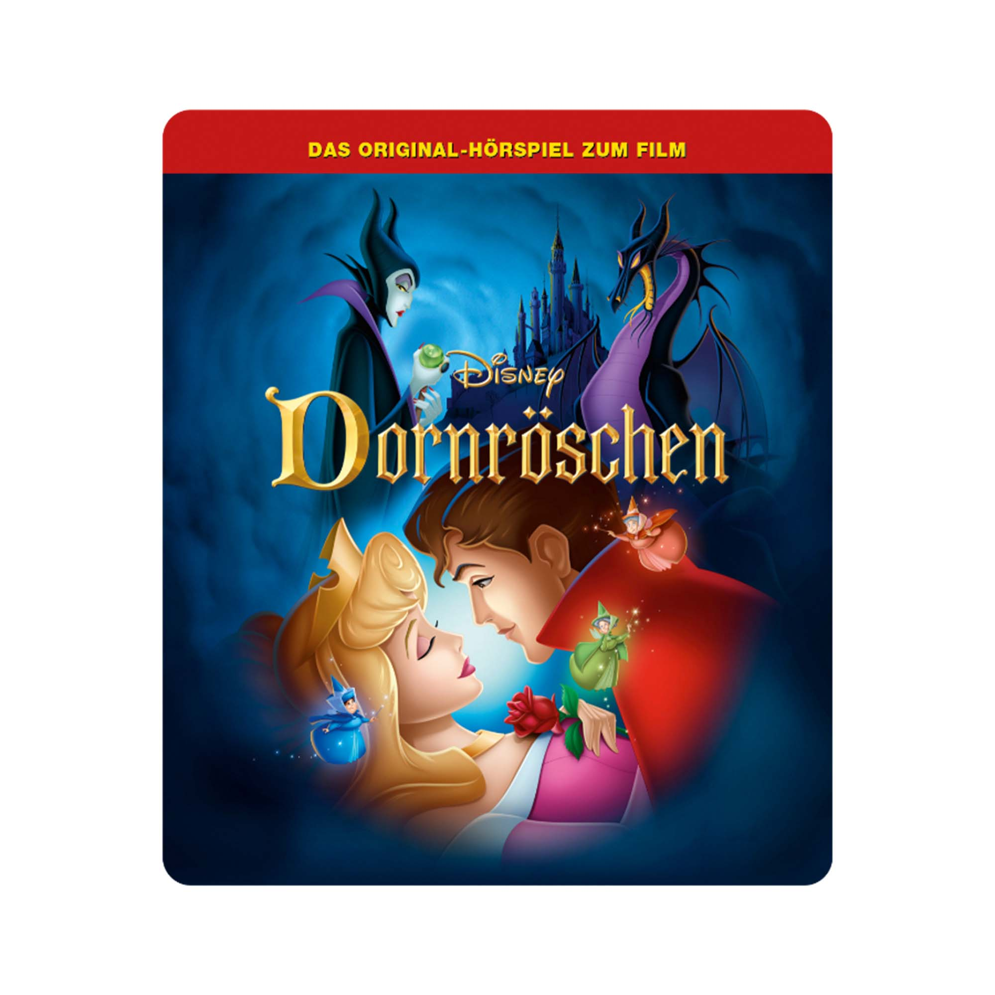 Disney's Dornröschen Blu-ray Cover. Aurora und Prinz, im Hintergrund Maleficent und Drache.