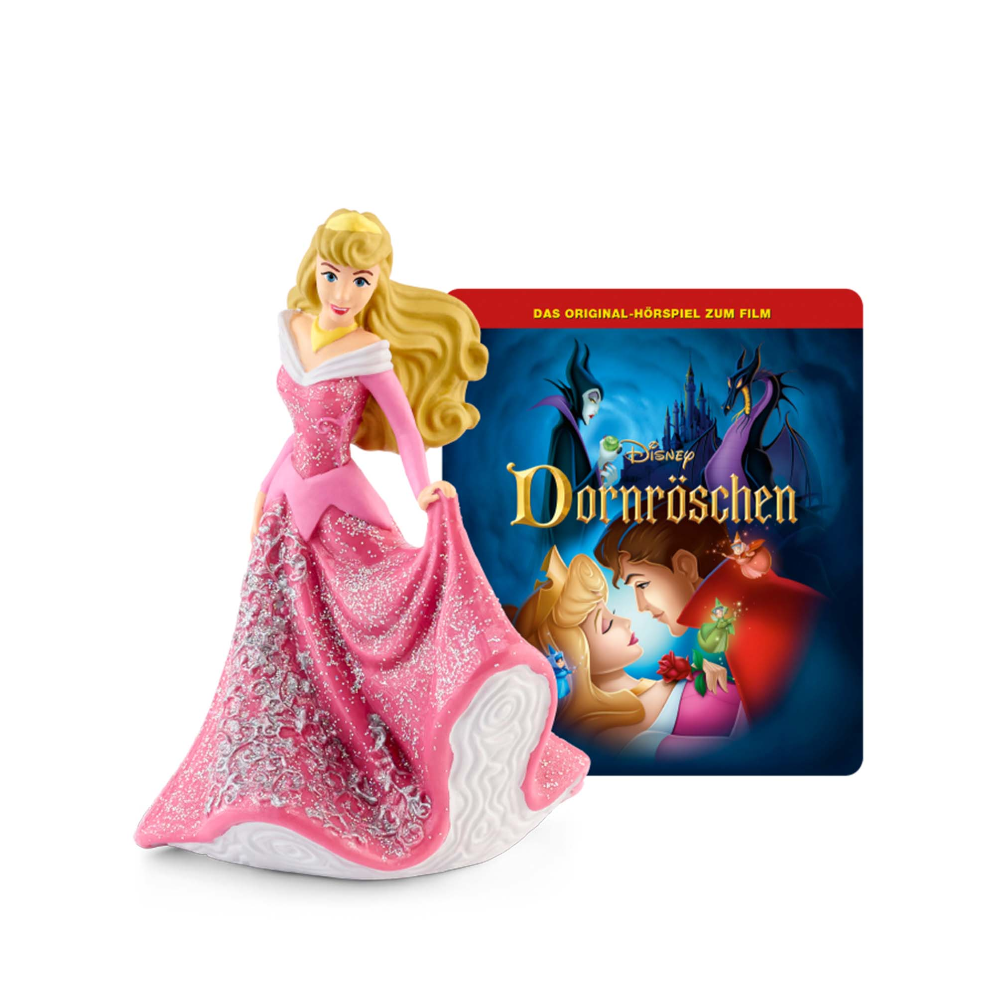 Dornröschen-Figur in rosa Kleid mit einem Buchcover des Films Dornröschen.