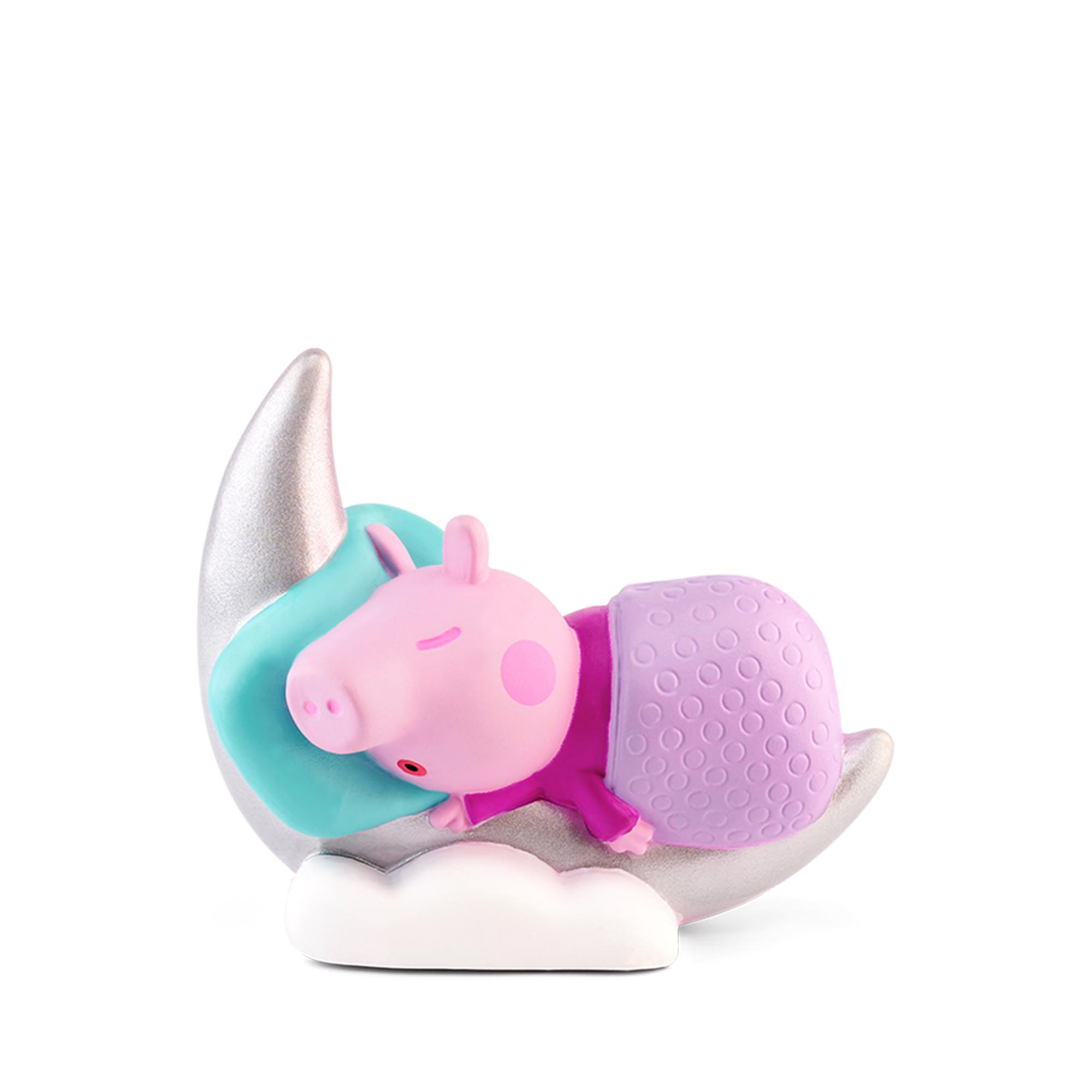 Peppa Wutz schläft auf einer Halbmondfigur. Es ist rosa, lila und silber.