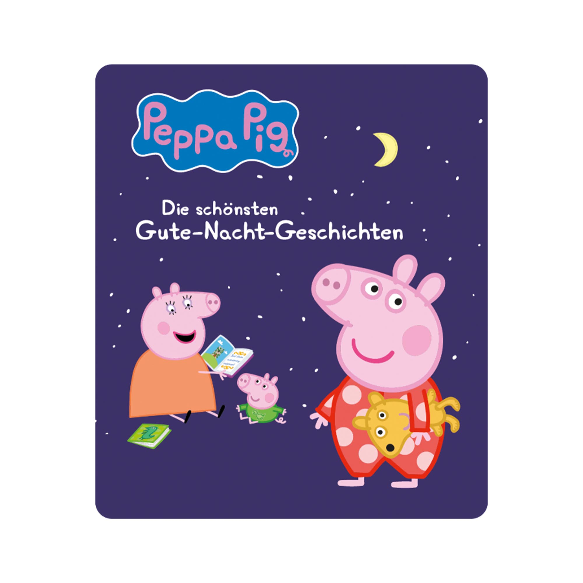 Peppa Pig Gute-Nacht-Geschichten, Cartoon-Familie auf lila Hintergrund.