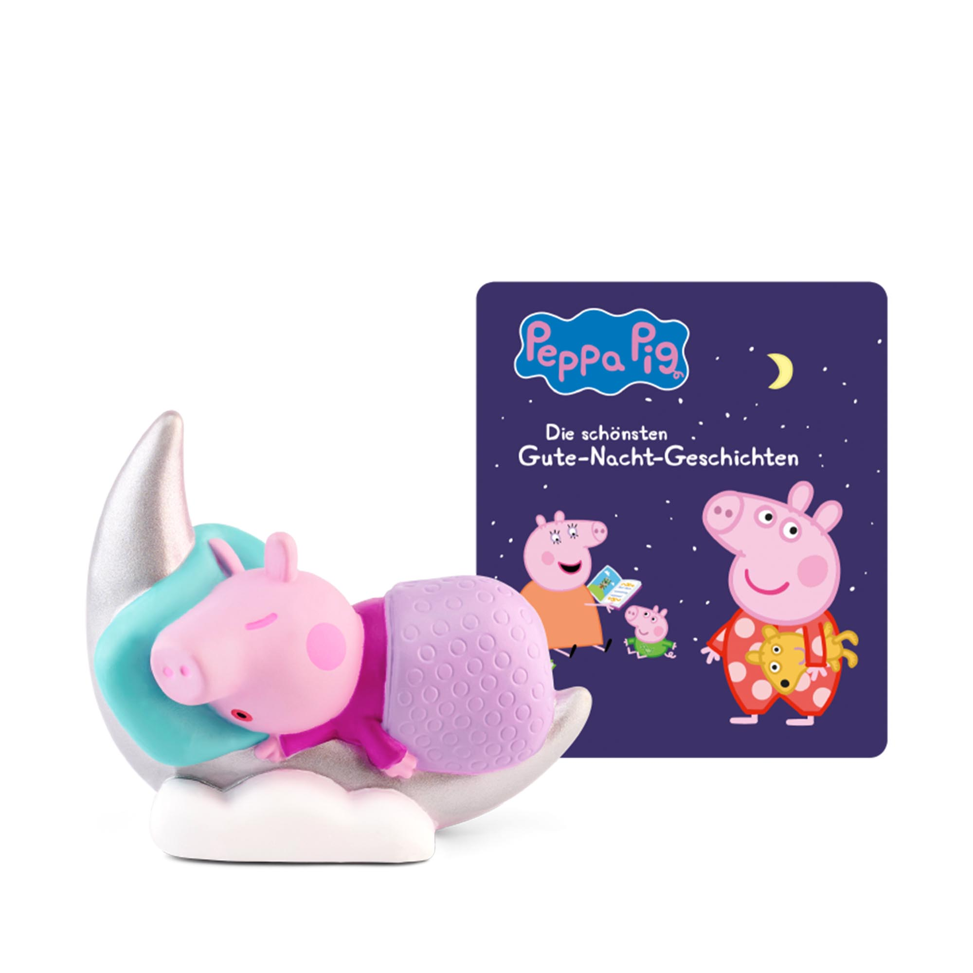Peppa Wutz Figur, die auf einem Mond schläft, mit einem Buchcover dahinter, das Peppa und ihre Familie zeigt.