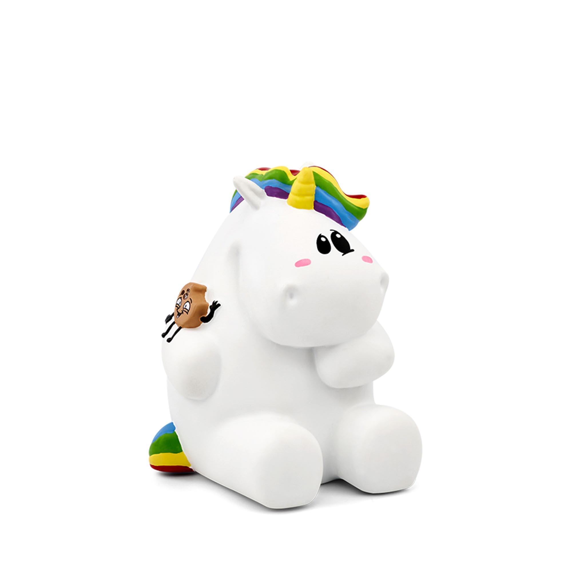 Eine weiße, einhornförmige Lampe mit Regenbogenmähne und einem kleinen Toast-Charakter.