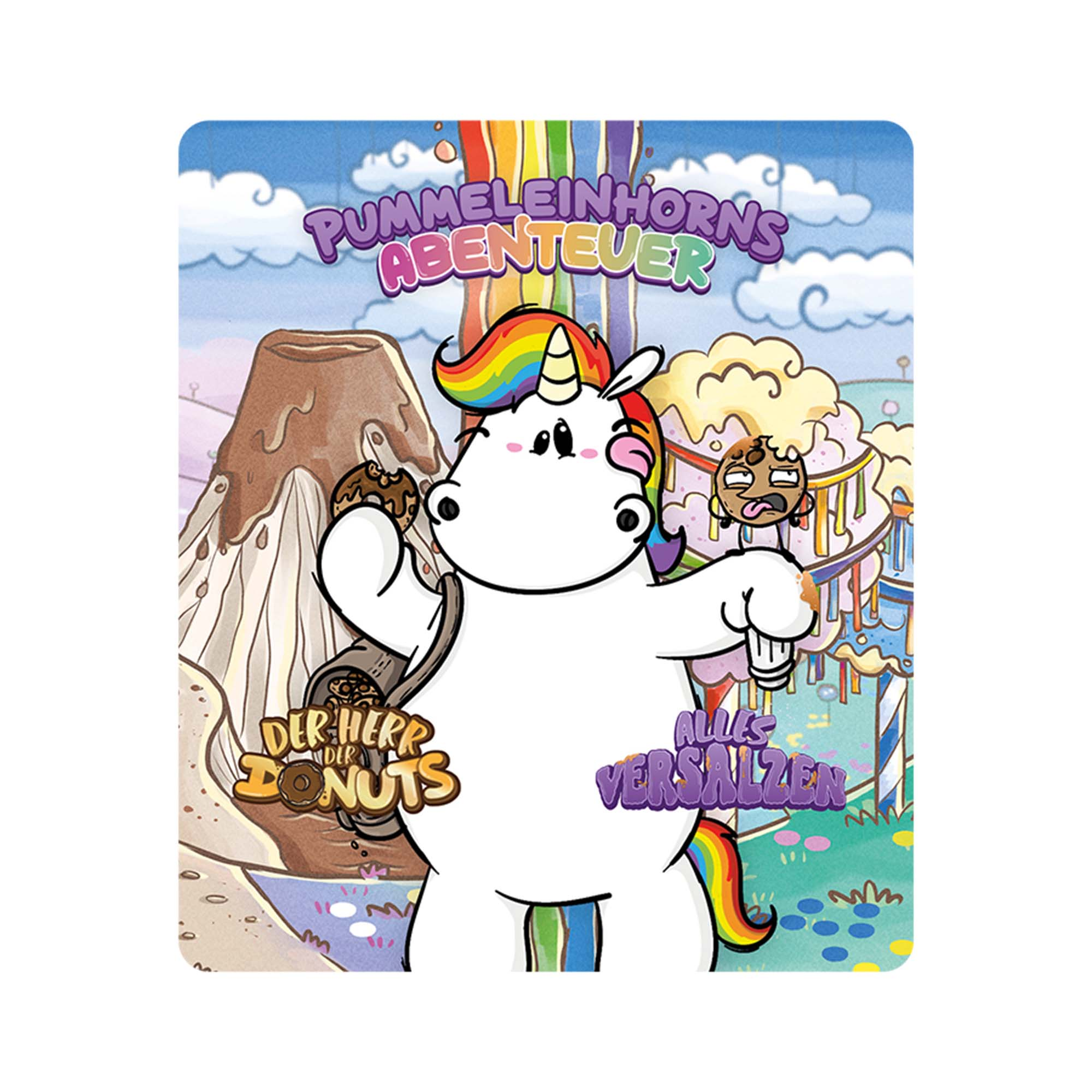 Cartoon-Bild eines weißen Einhorns, das einen Donut hält, mit Regenbogenhaar und einem Dessert-Themen-Hintergrund.