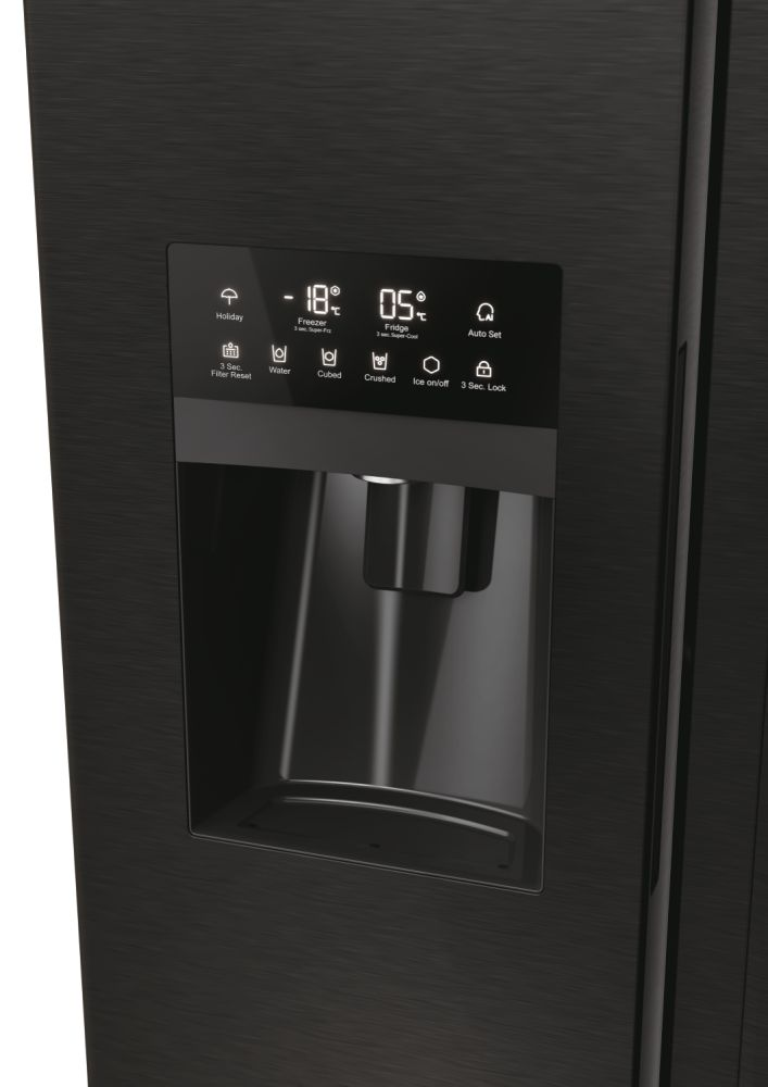 Frigorifero nero con display digitale, erogatore d'acqua e pannello di controllo.