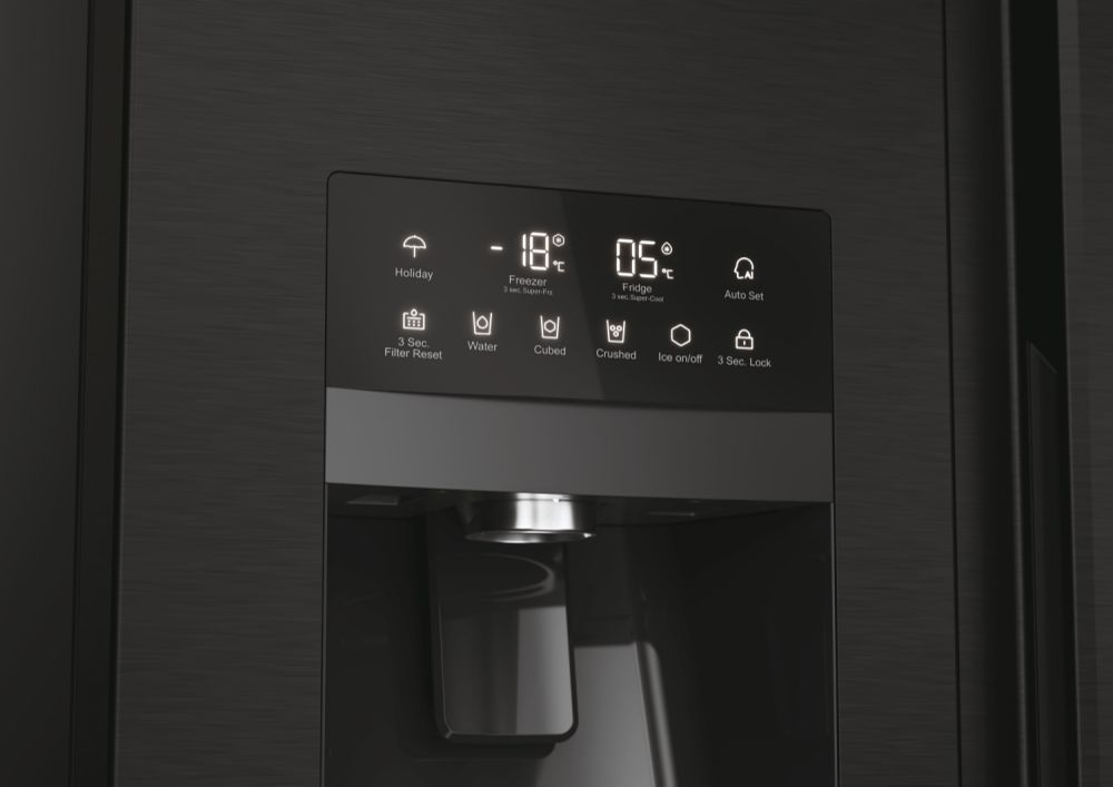 Display del frigorifero nero con icone per le impostazioni: temperatura, acqua, ghiaccio.