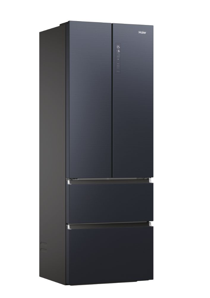 Ein dunkelblaues Haier-Kühlschrank mit drei Türen und zwei Schubladen.
