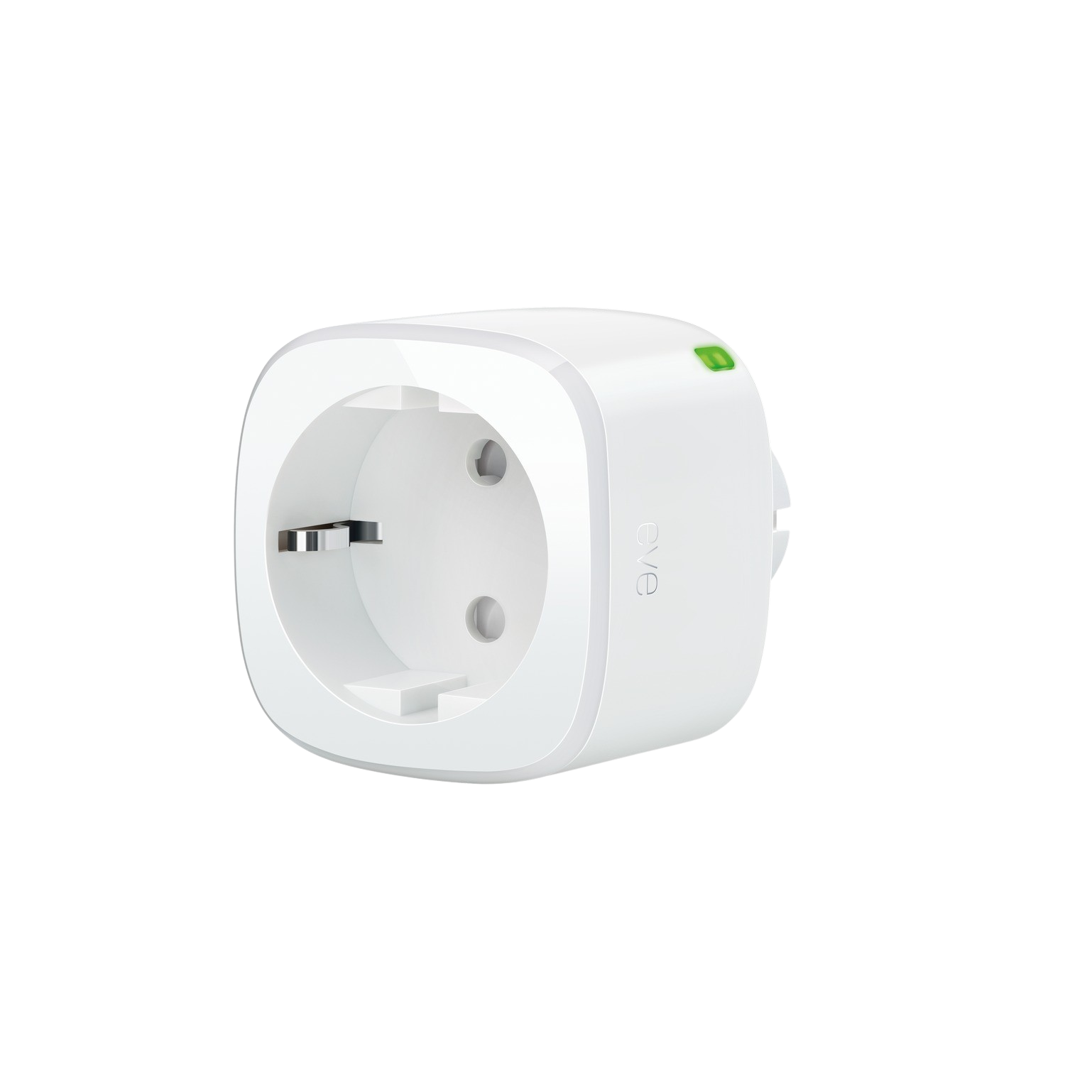 Witte slimme stekker met drie gaten voor het stopcontact. Het is een vierkante vorm met een groen lichtje bovenop.