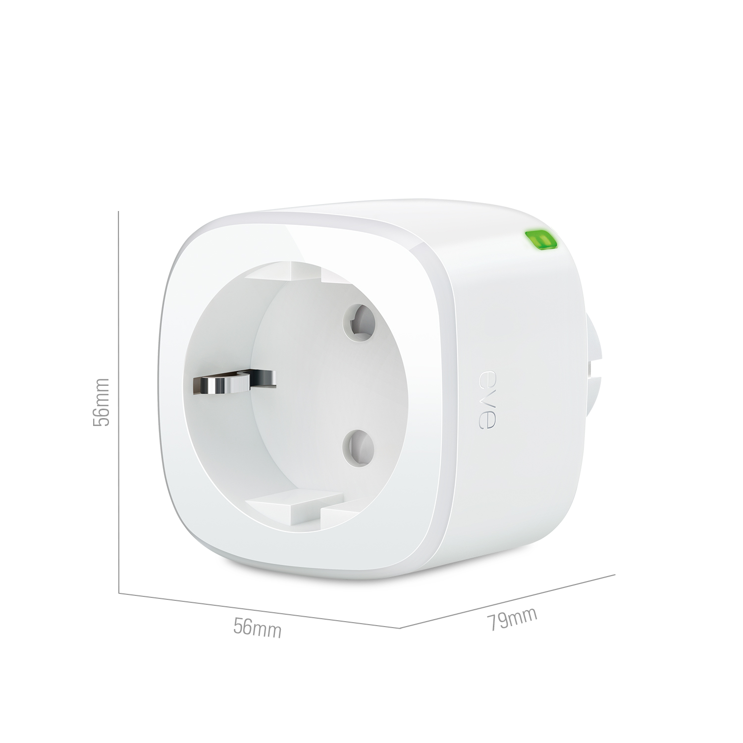 Een witte slimme stekker met een groen lampje en afmetingsmarkeringen.