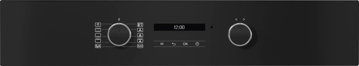 Backofen-Bedienfeld, schwarz mit Knöpfen und Anzeige, zeigt eine Digitaluhr.
