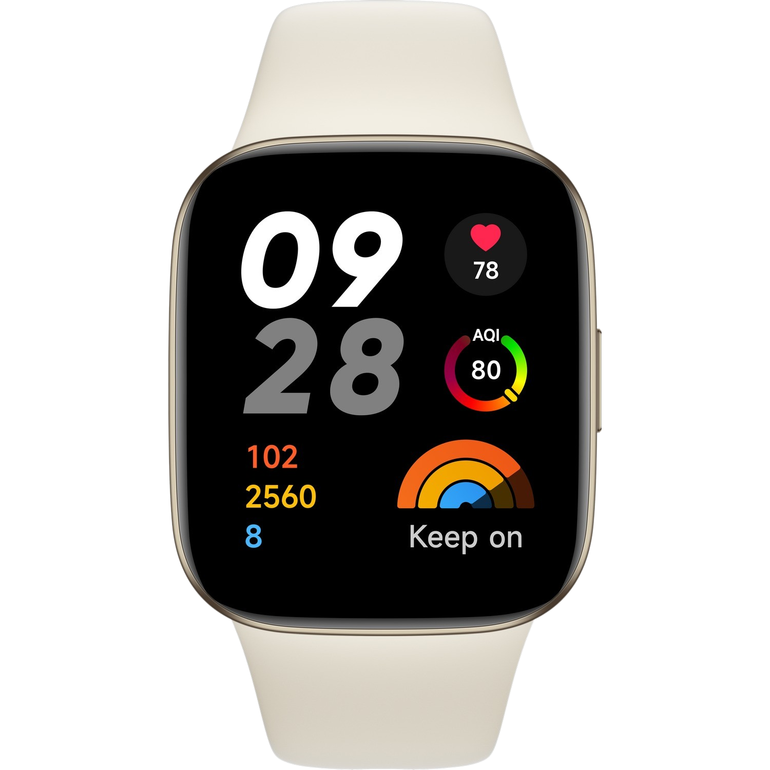Smartwatch met tijd, hartslag, AQI en andere gezondheidsgegevens. Het heeft een crème bandje.