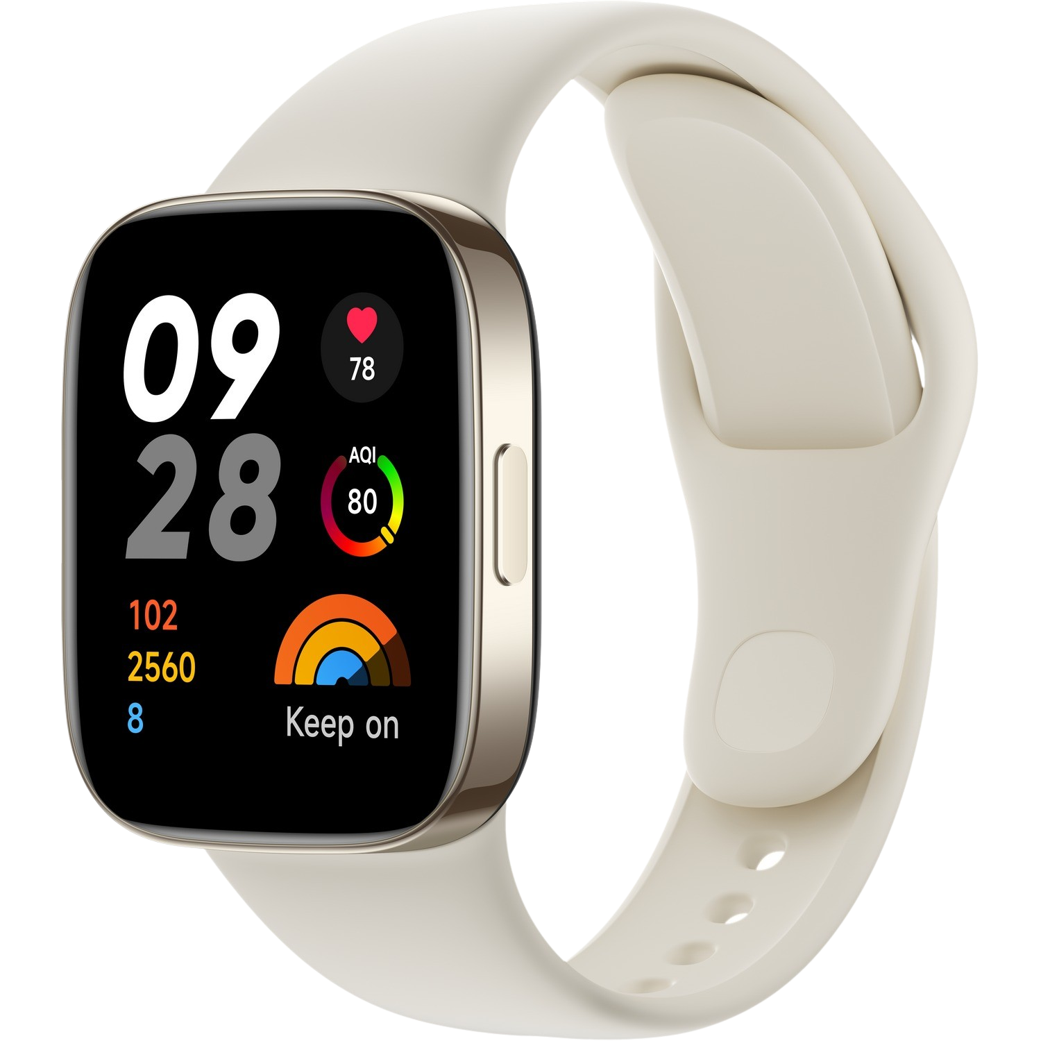 Smartwatch met crème bandje. Display toont tijd, datum, hartslag, AQI en activiteit.