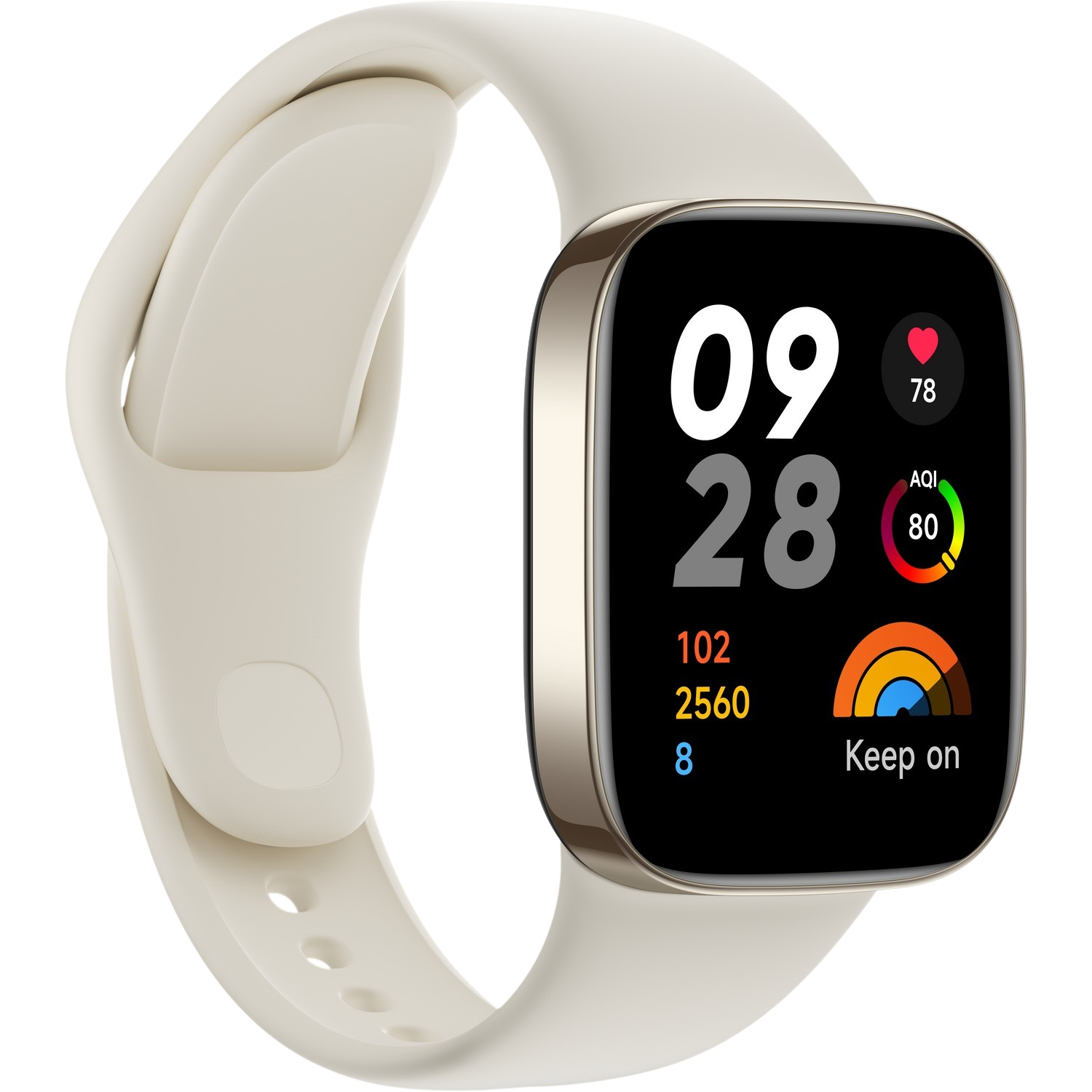 Smartwatch met crèmekleurige band die tijd, hartslag en andere gegevens weergeeft. Zwarte achtergrond.