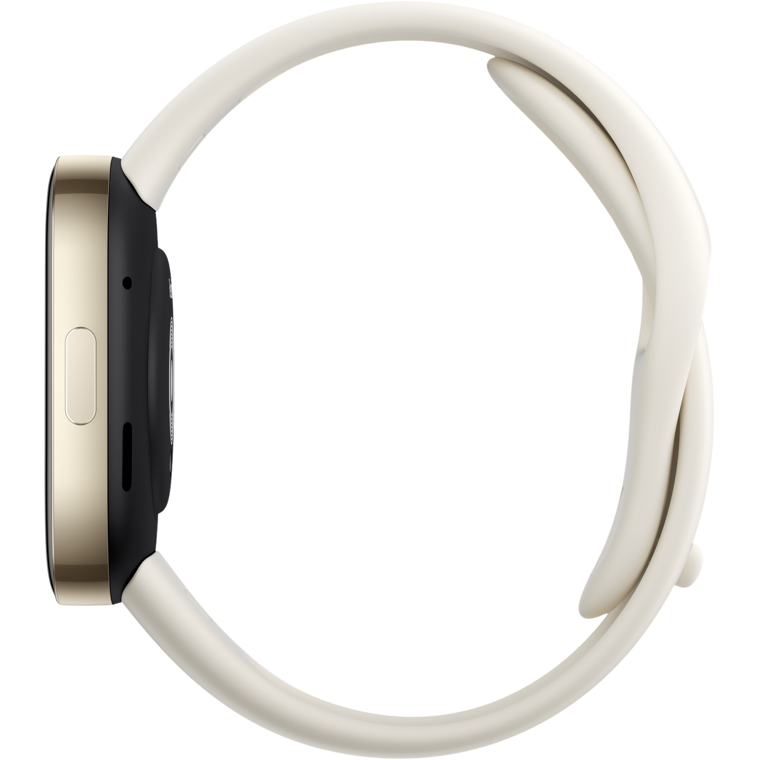 Zijkant van goud-zwarte smartwatch, witte band. Zwarte achtergrond.
