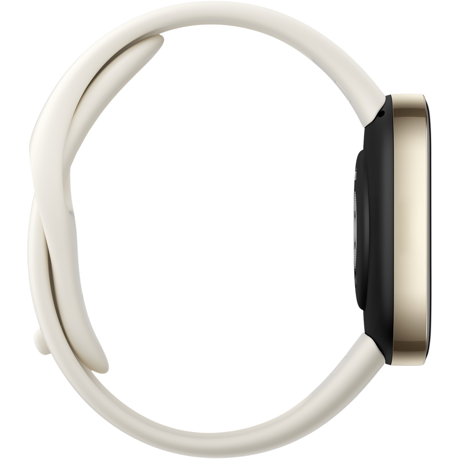 Een zijaanzicht van een witte en gouden smartwatch met een witte band.