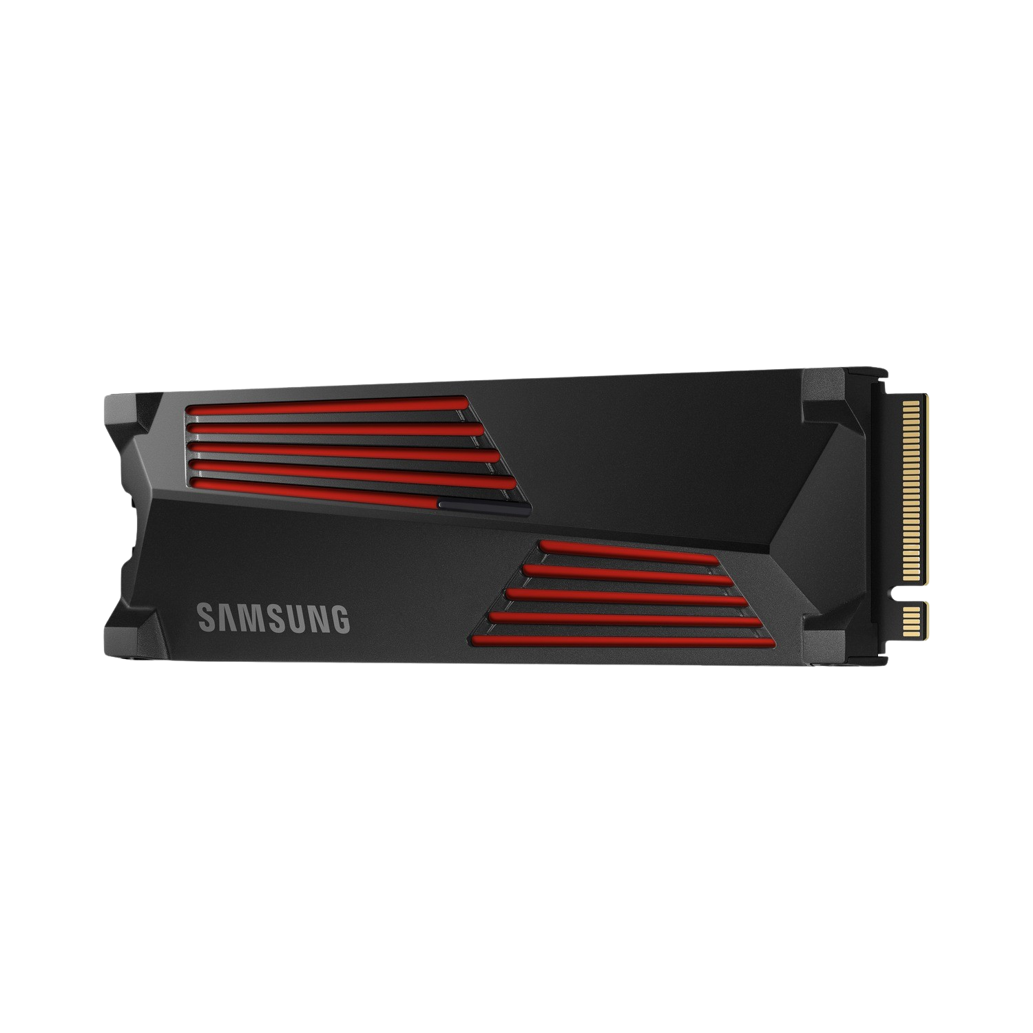Zwarte en rode NVMe SSD met heatsink, schuine weergave.