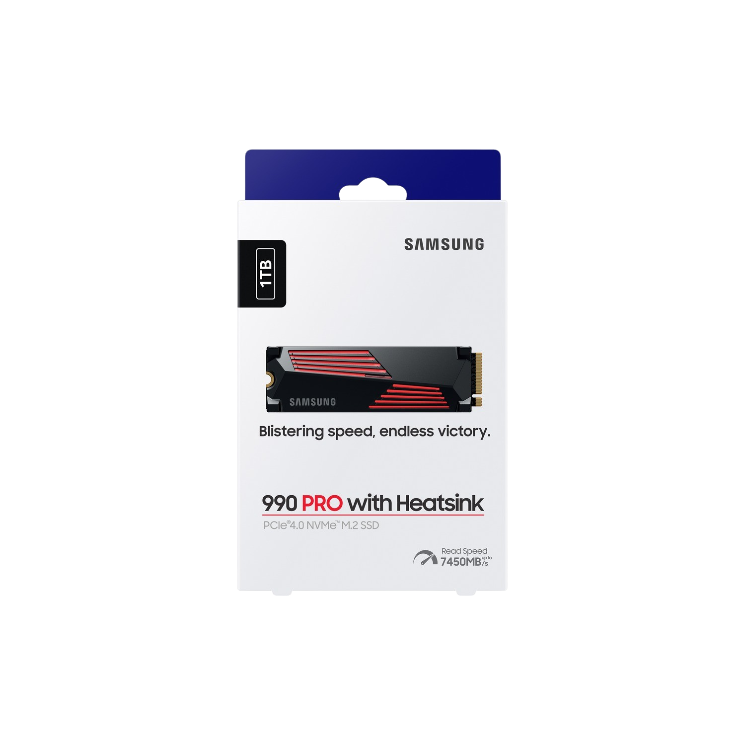SSD-box, zwart en rood met Samsung-logo, op een witte achtergrond.