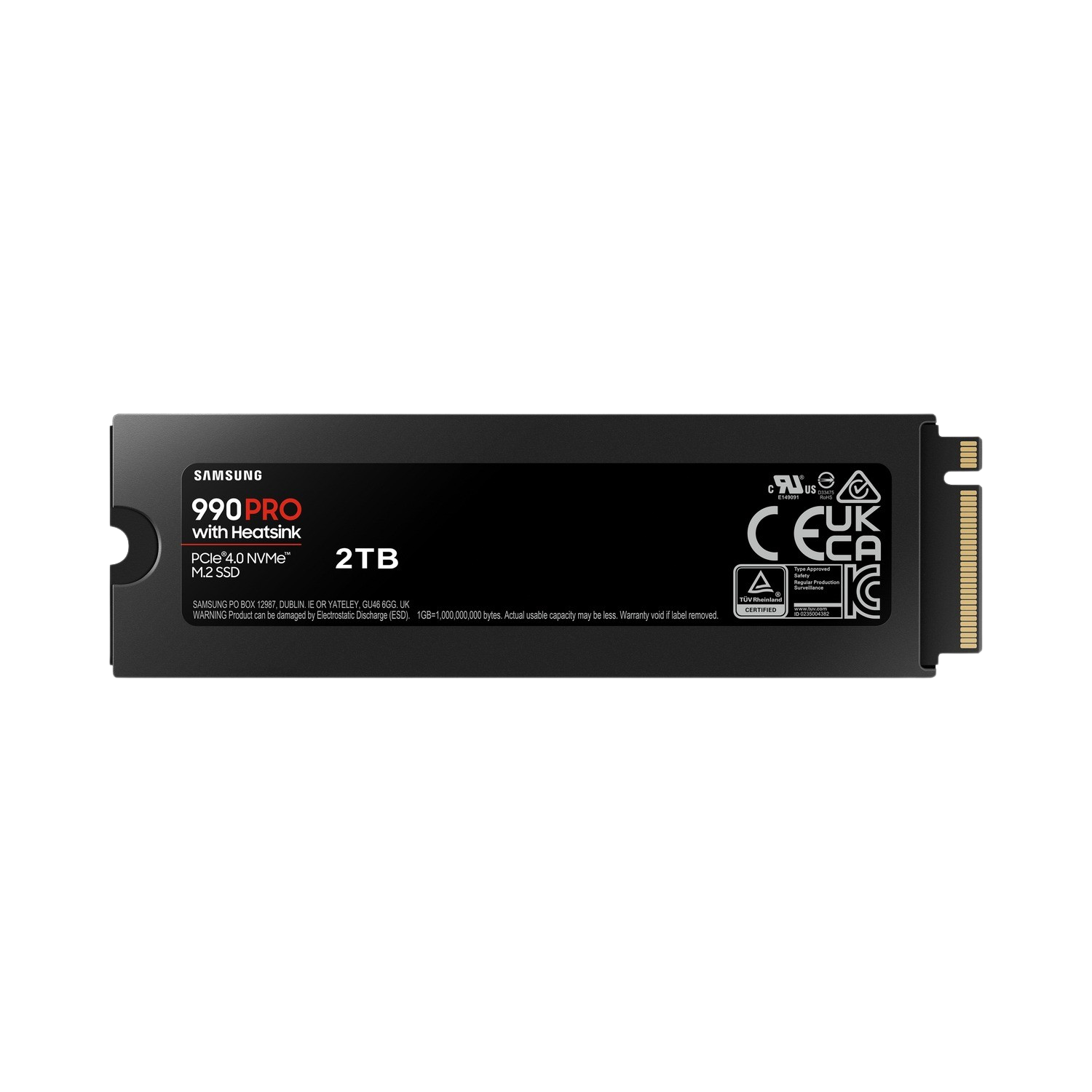 Black SSD drive with heatsink, labeled Samsung 990 Pro 2TB. White background.