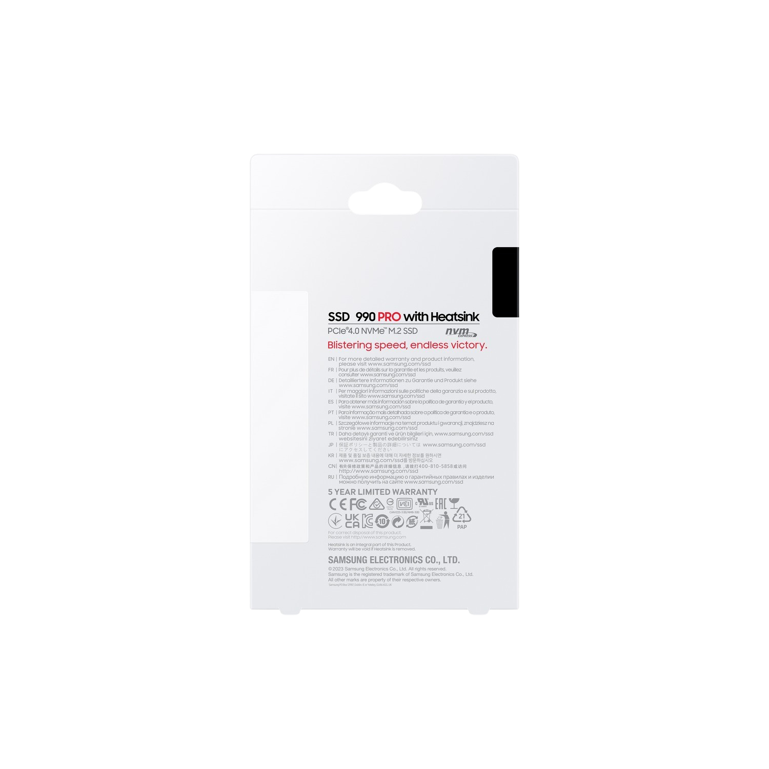 SSD packaging, black and white design. Text in multiple languages. 5 Year limited warranty.