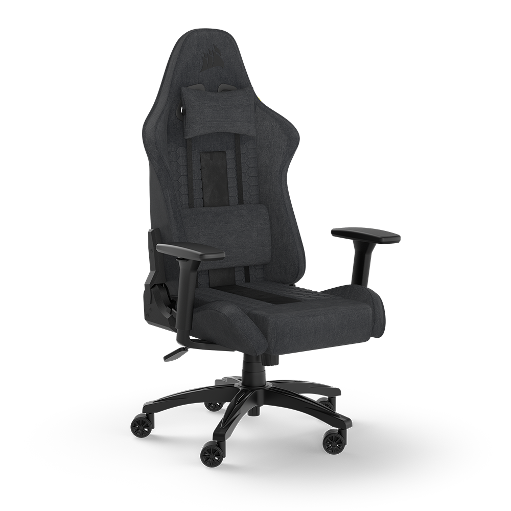 Ein grauer Gaming-Stuhl mit schwarzem Sockel und Rädern.