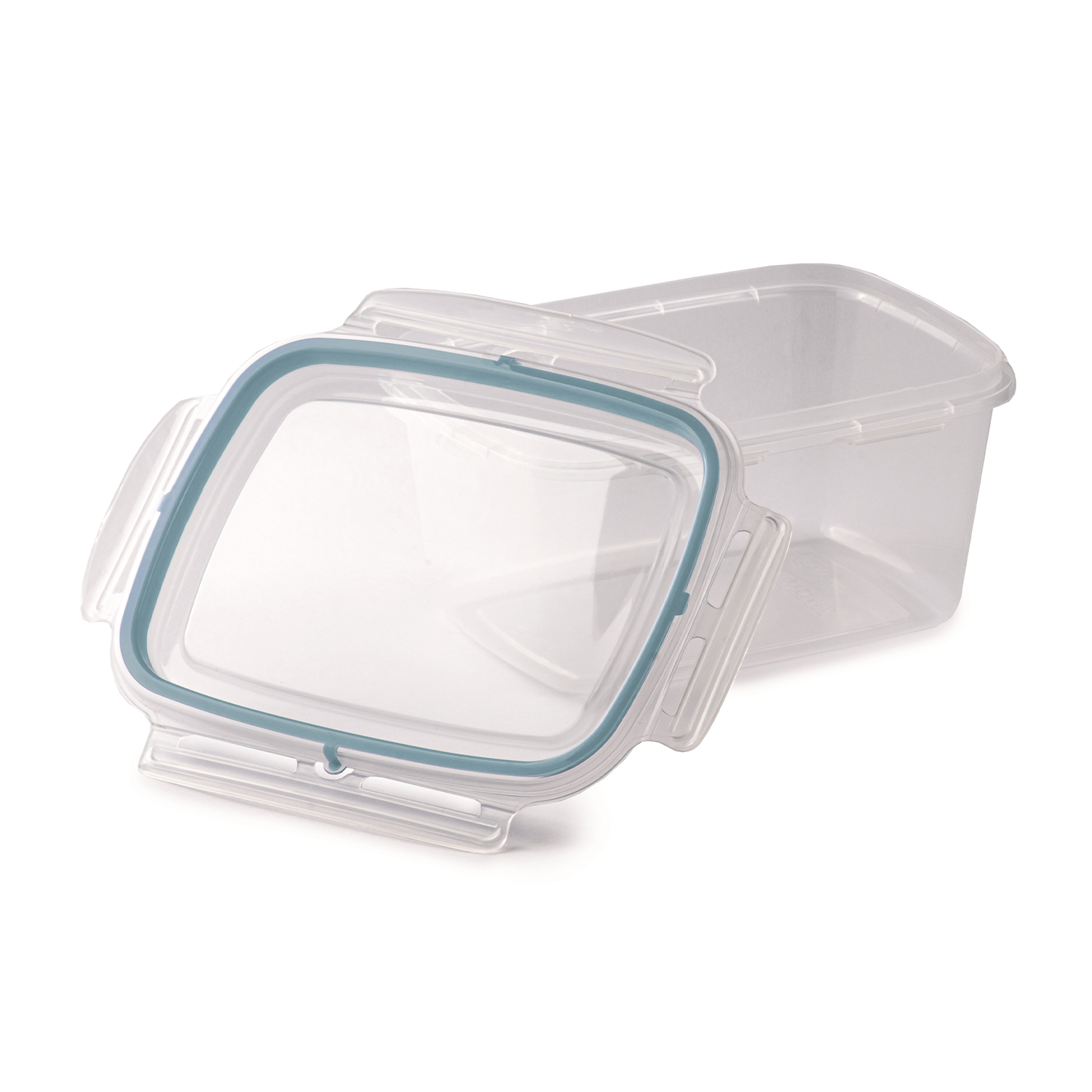Contenitore per alimenti in plastica trasparente con coperchio trasparente, su sfondo bianco.