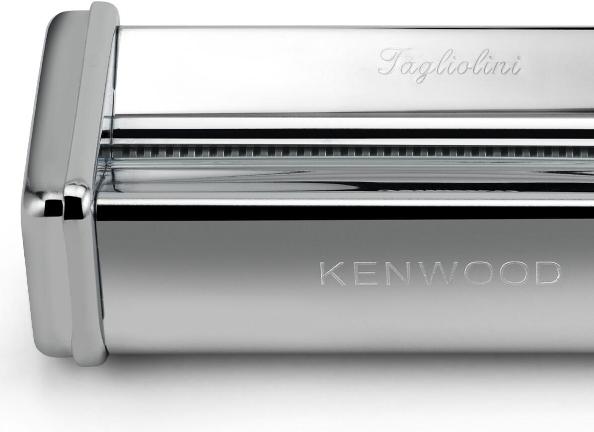 Eine Nudelmaschine aus Edelstahl mit den Gravuren 'Tagliolini' und 'KENWOOD'.