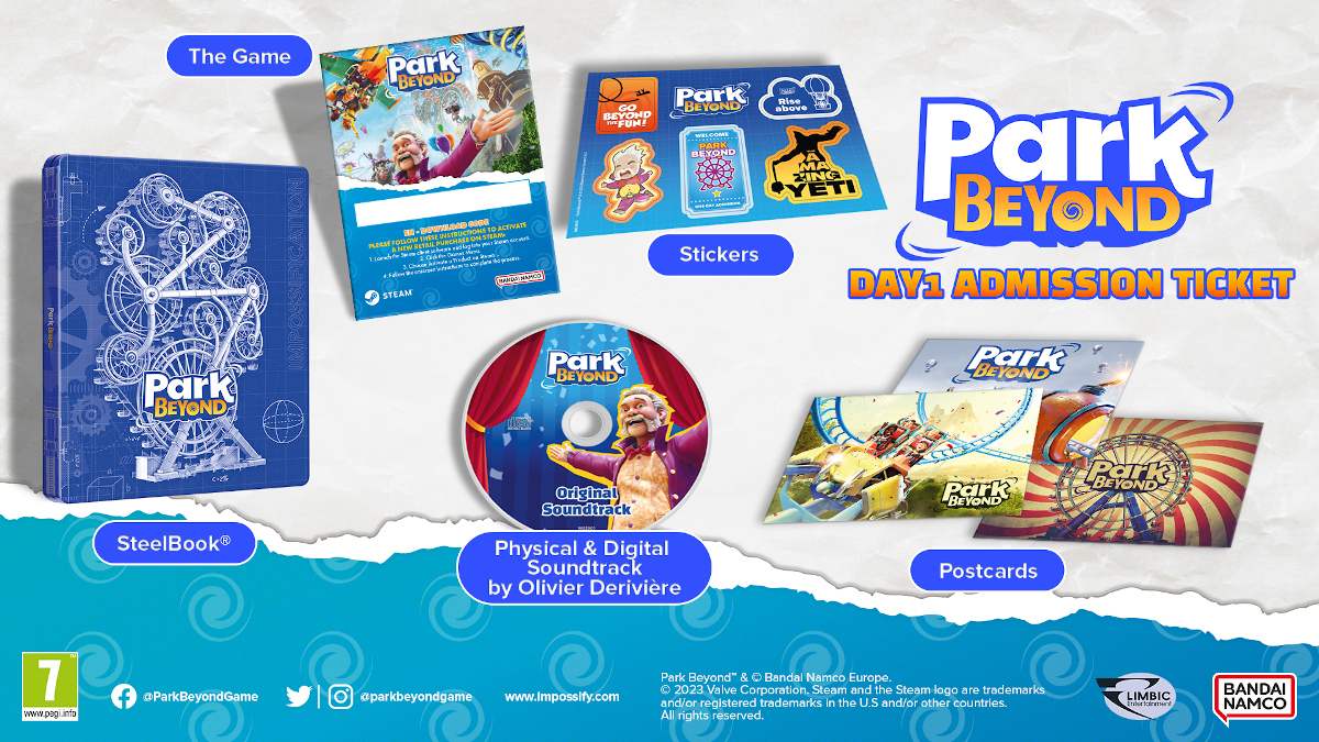 Park Beyond játékkészlet SteelBook-kal, játékkal, matricákkal, CD-vel, képeslapokkal. Fehér háttér.