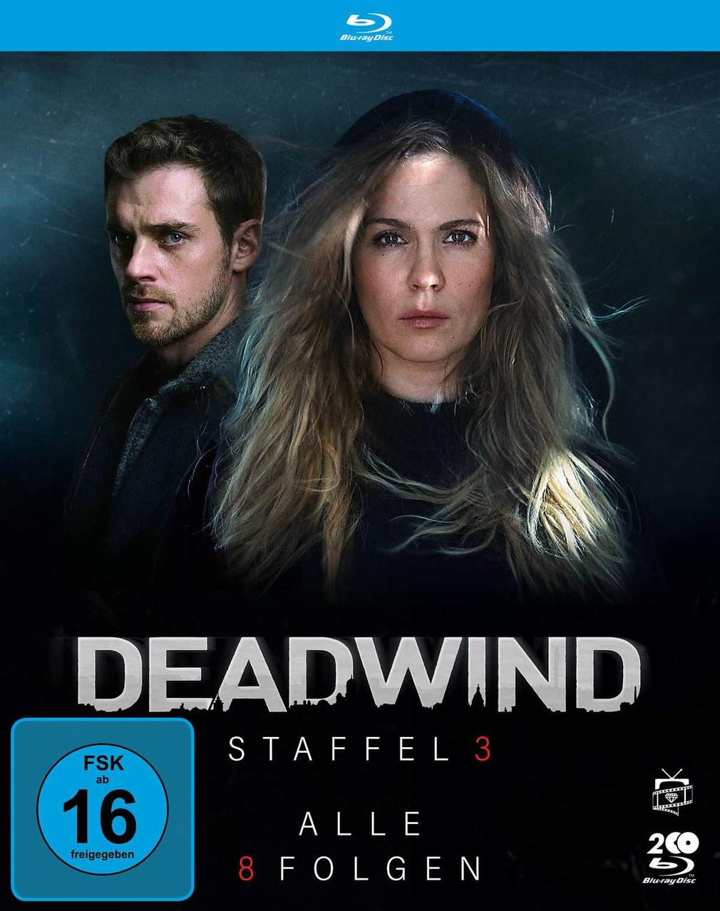 Ein Blu-ray-Cover mit Mann und Frau, dem Titel 'DEADWIND' und 'STAFFEL 3' sichtbar.