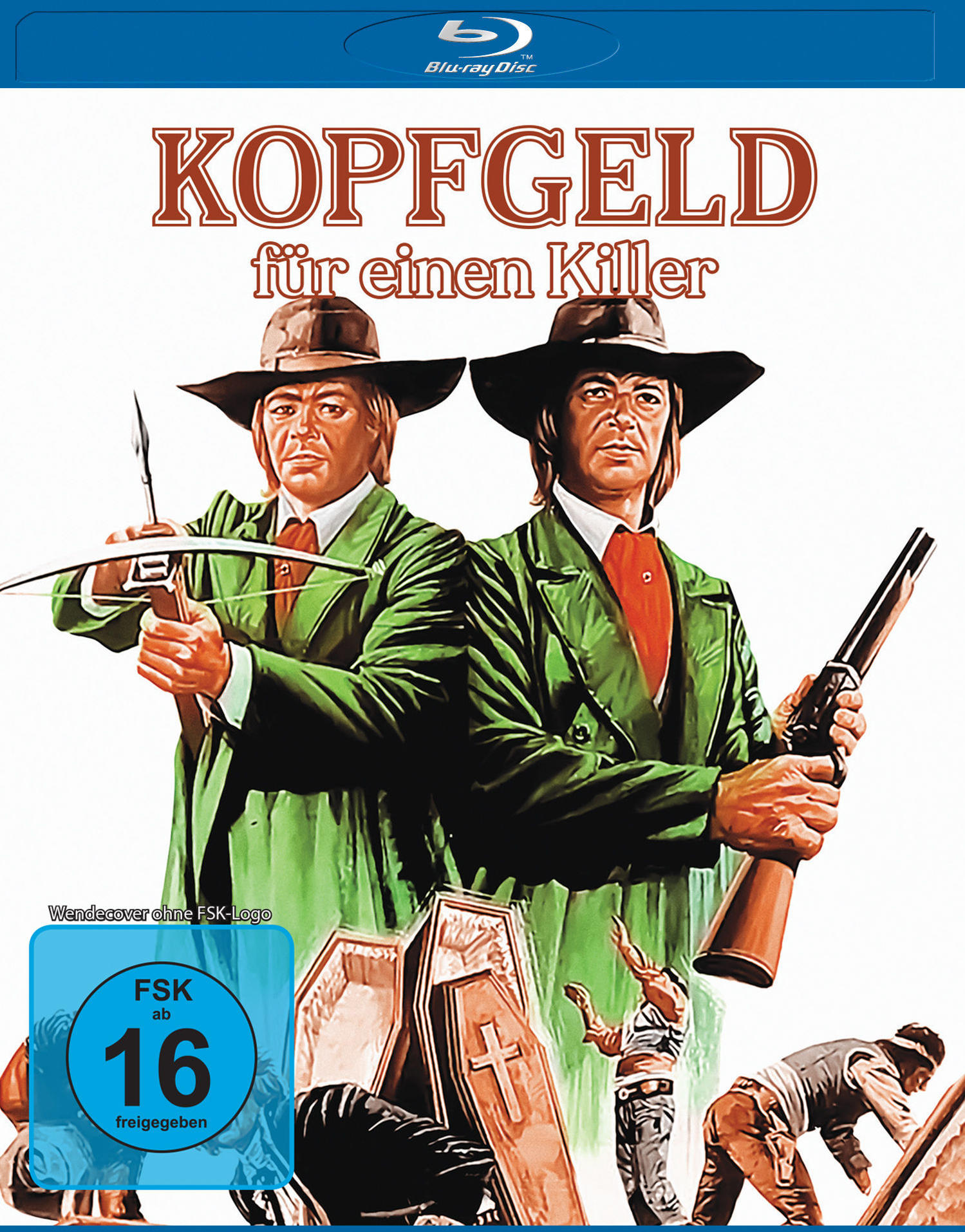 Filmposter. Zwei Männer mit Hüten und Waffen. Der Titel steht in großen Buchstaben. Der Hintergrund ist weiß.
