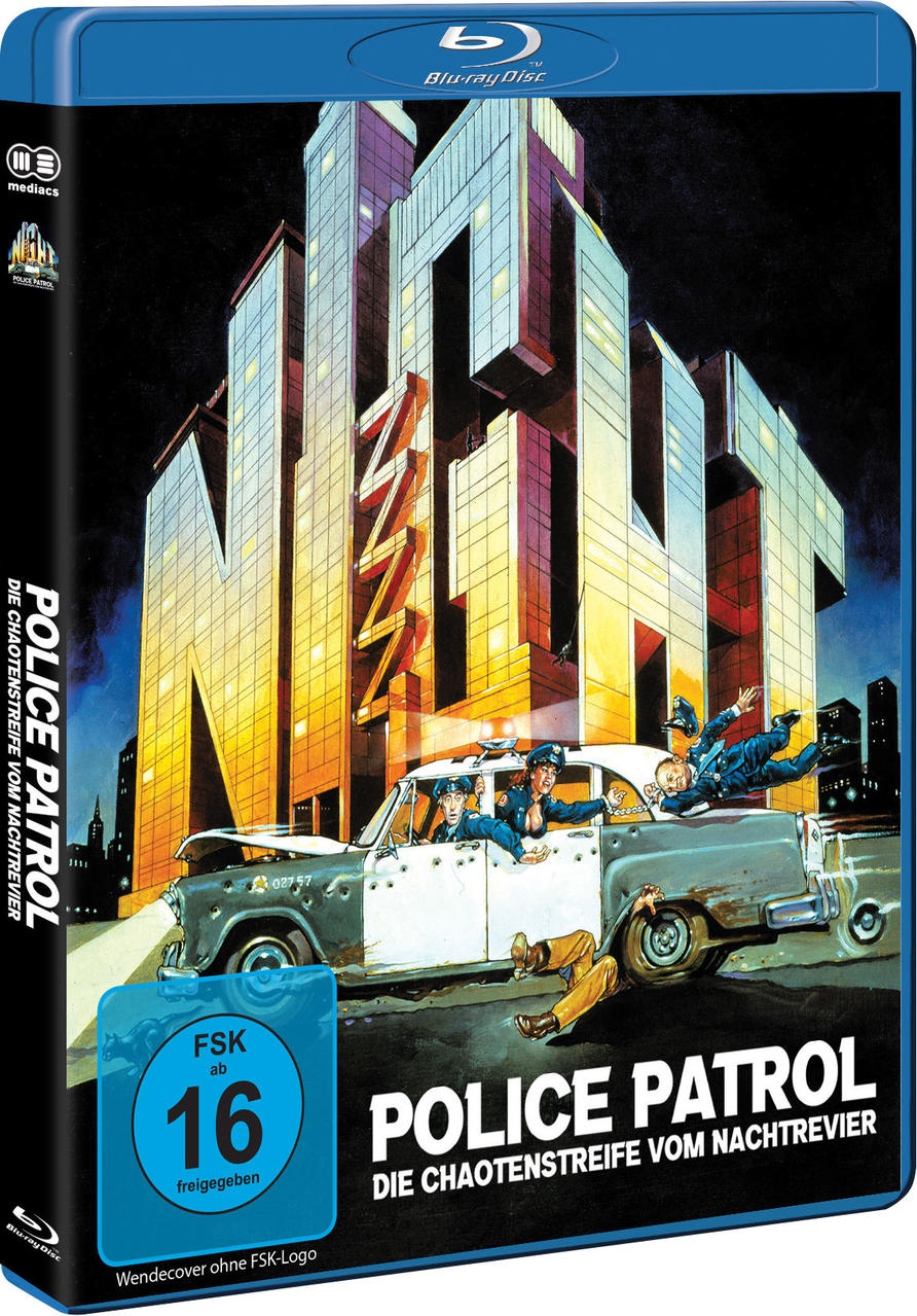 Blu-ray-Filmcover mit Stadtszene. Polizeiauto in einer Verfolgungsjagd. Der Titel ist 'Police Patrol'.