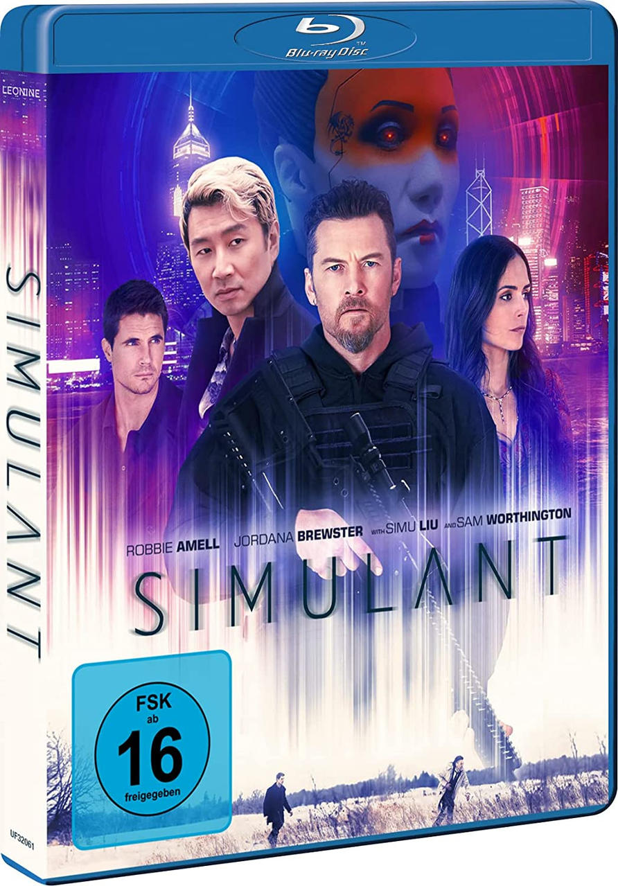 Filmposter für Simulants. Mit Schauspielern und blauem Design mit Filmtitel.