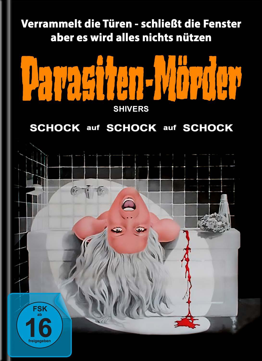 DVD-Cover: 'Parasiten-Mörder'. Eine Frau in einer Badewanne, aus der eine rote Flüssigkeit fließt. Schwarzer Hintergrund.