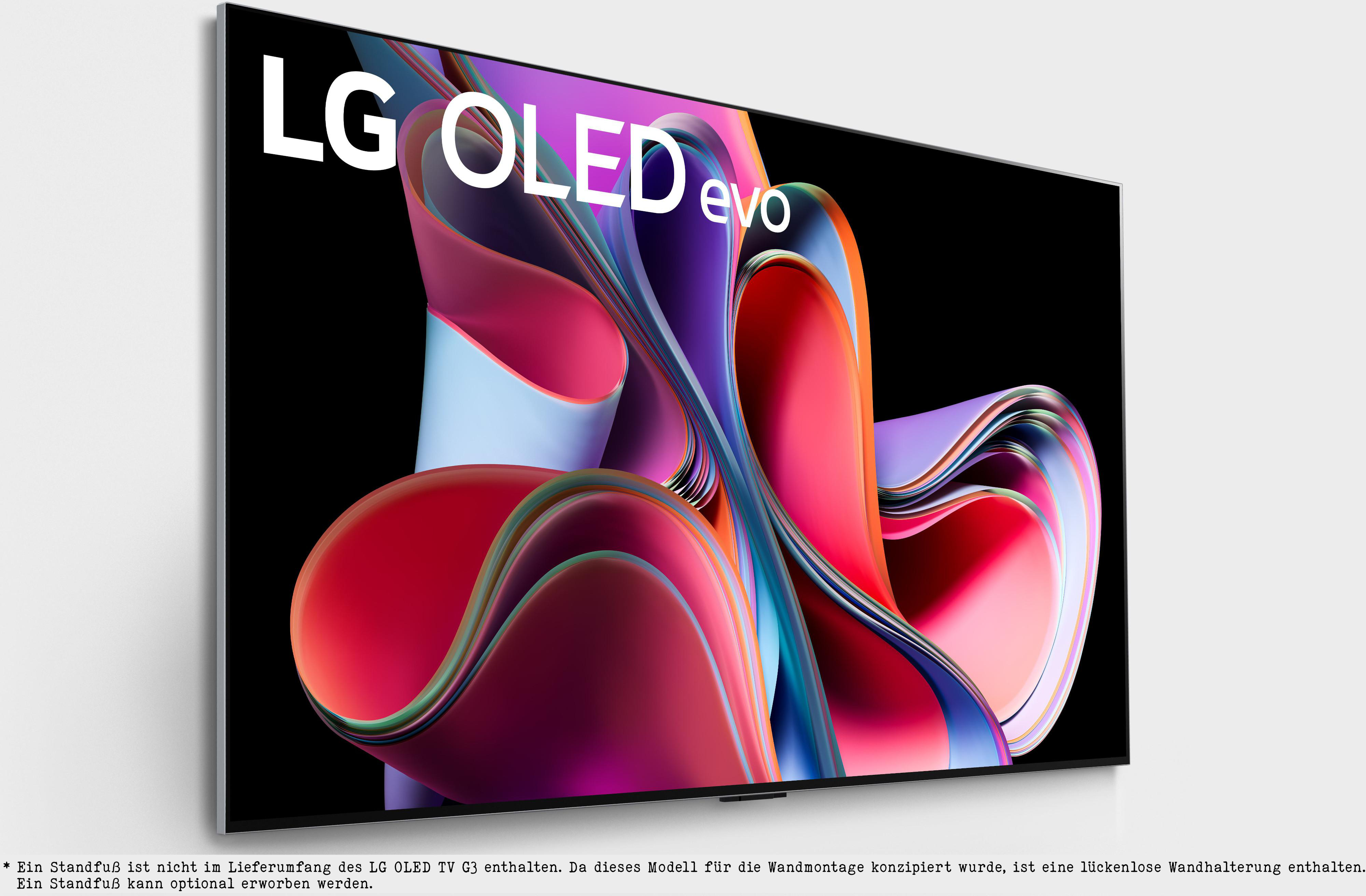 Ein großer Fernsehbildschirm mit dem LG OLED evo-Logo und abstrakten, bunten Formen.