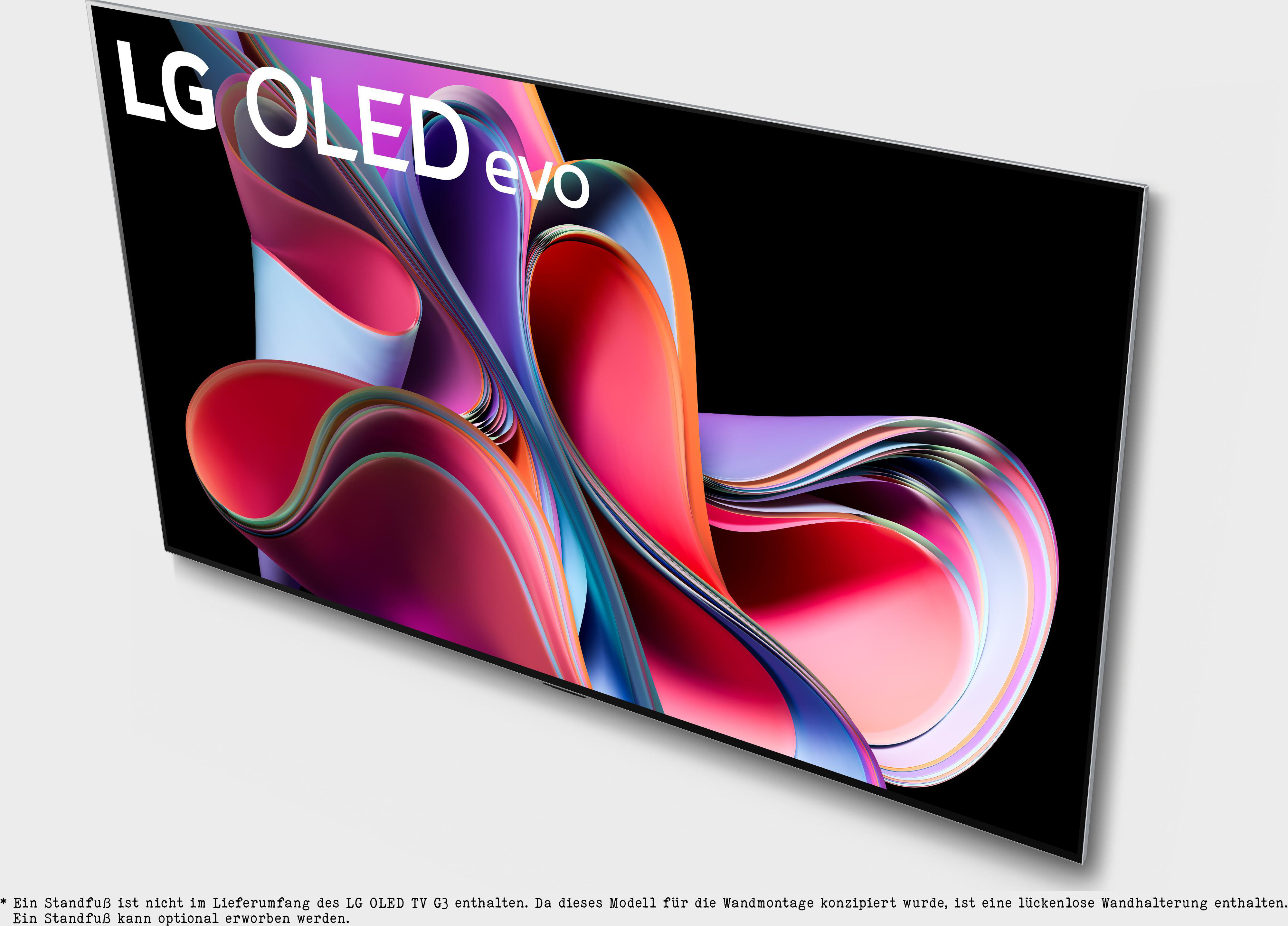 LG OLED evo TV, mit modernem Design, zeigt ein abstraktes, farbenfrohes Bild auf schwarzem Hintergrund.